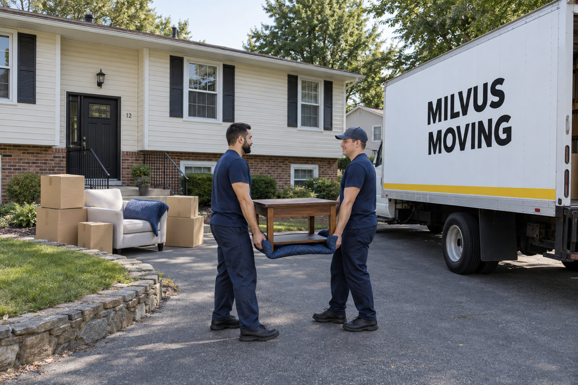 Movers preparing a load outside a split-level home