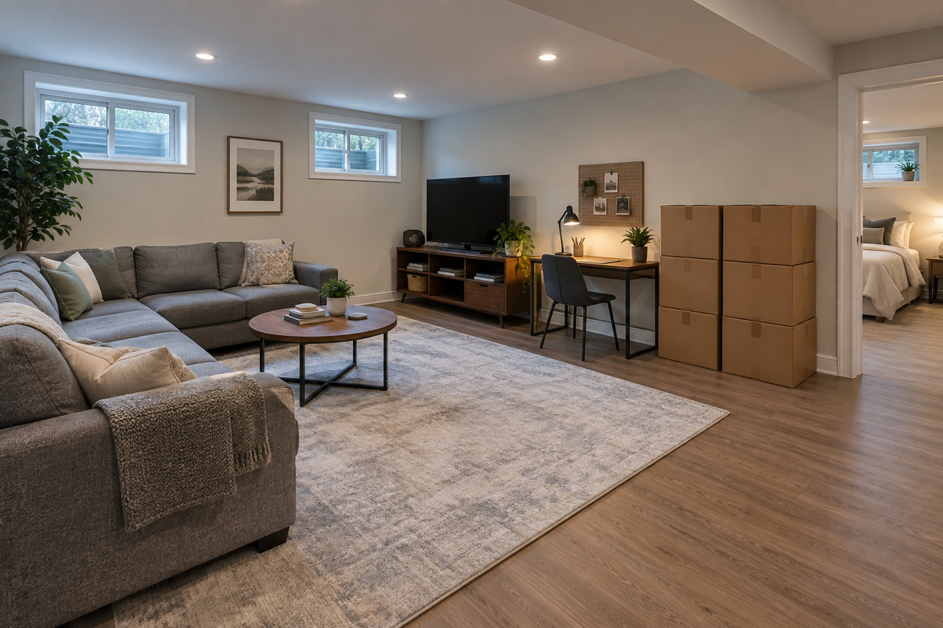 Packed belongings in a downstairs family room