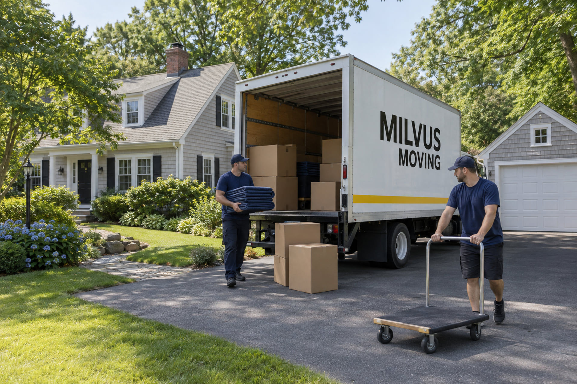 A moving truck parked by a home and detached garage