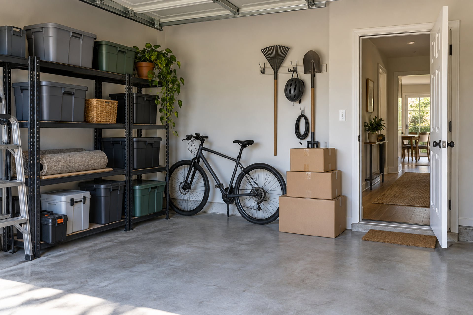 A garage storage shelf and sealed cartons ready for inventory