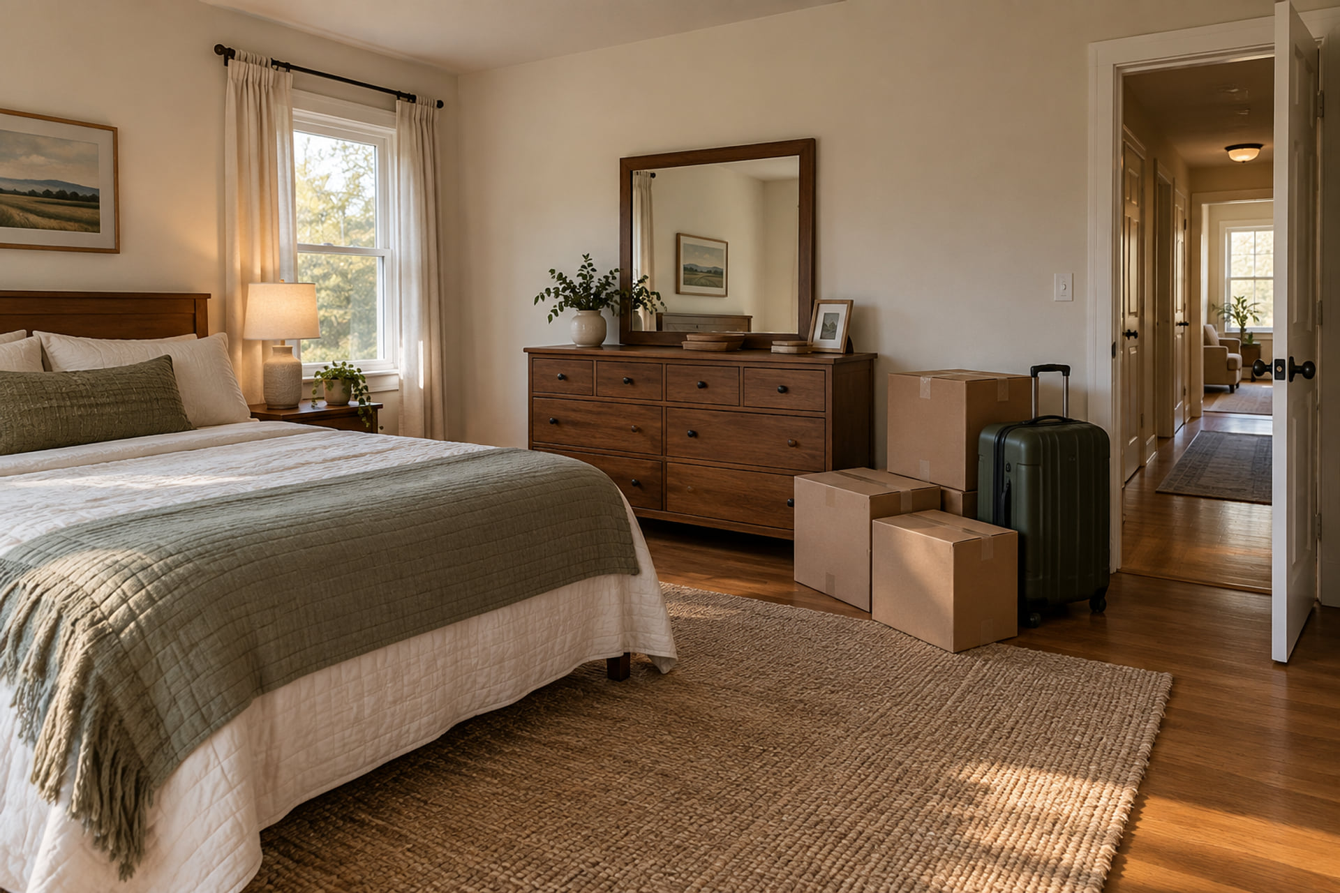 Bedroom furniture and packed cartons before a household move