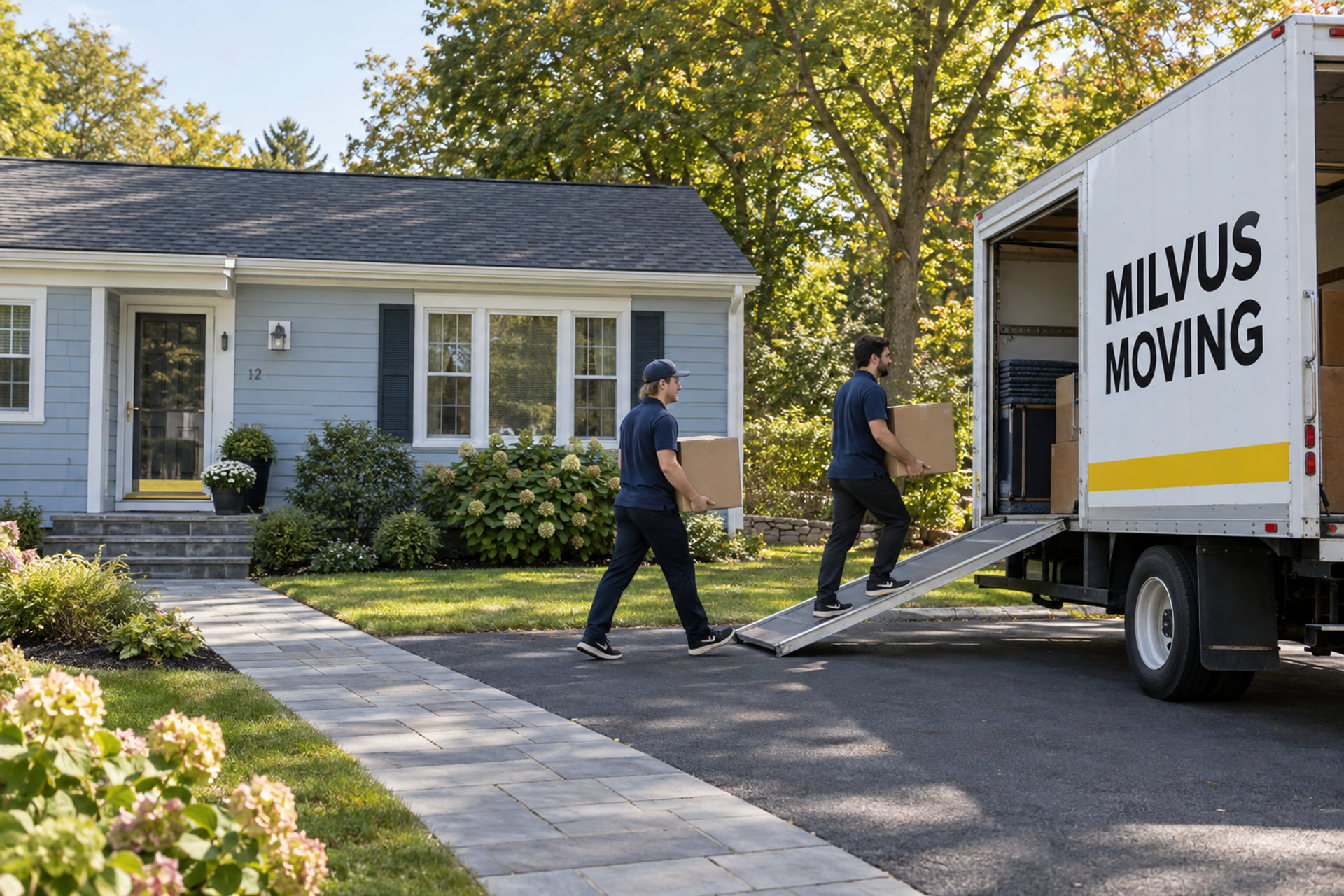Movers carrying boxes at a suburban Massachusetts home