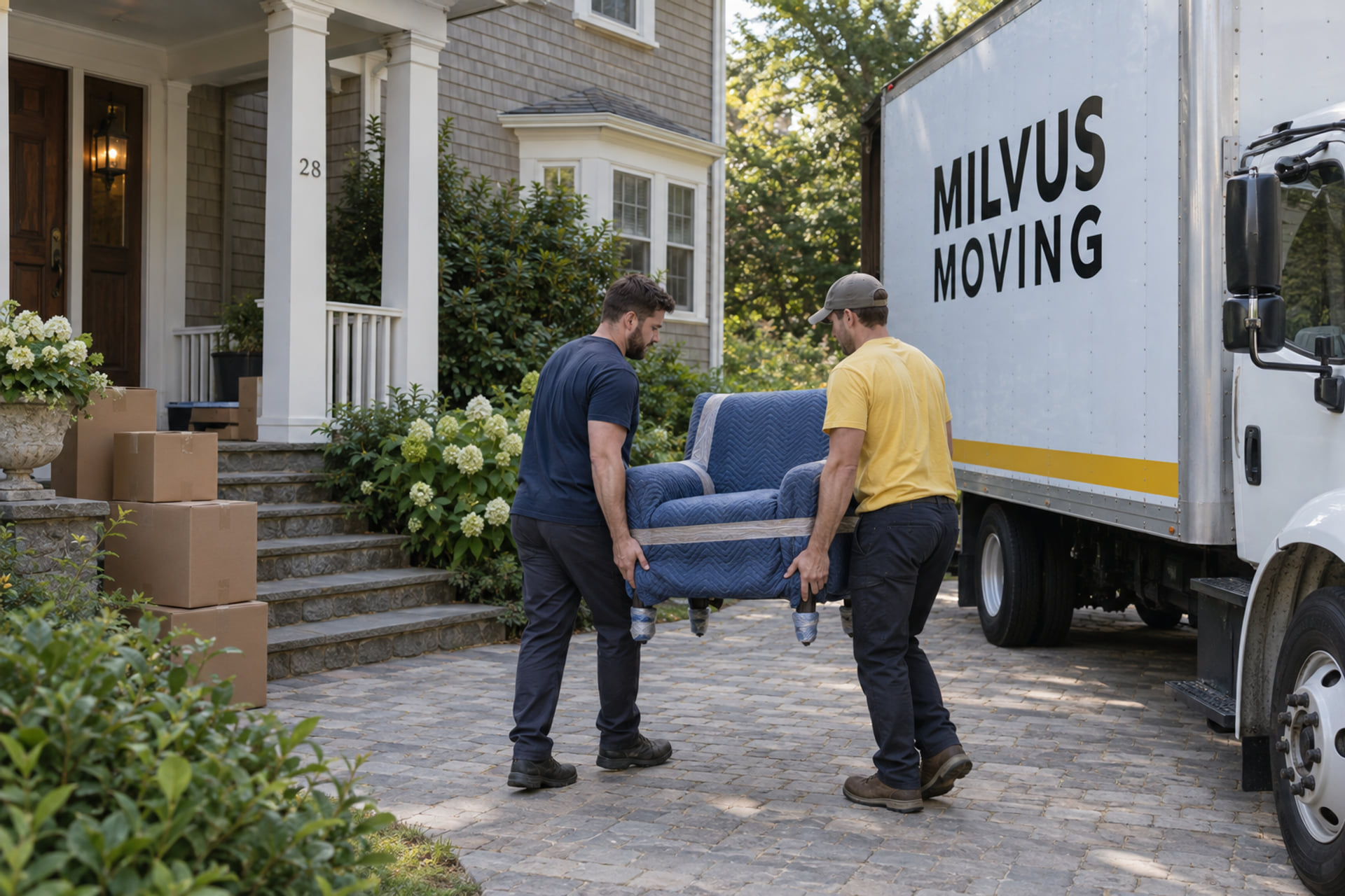 Movers with a protected chair outside an older New England home