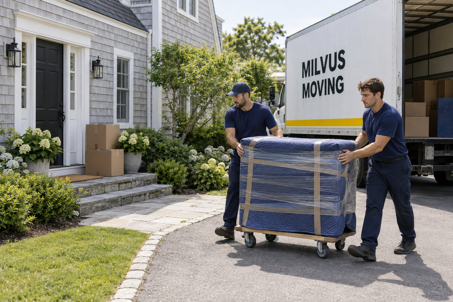 A moving truck and crew at a coastal Massachusetts home