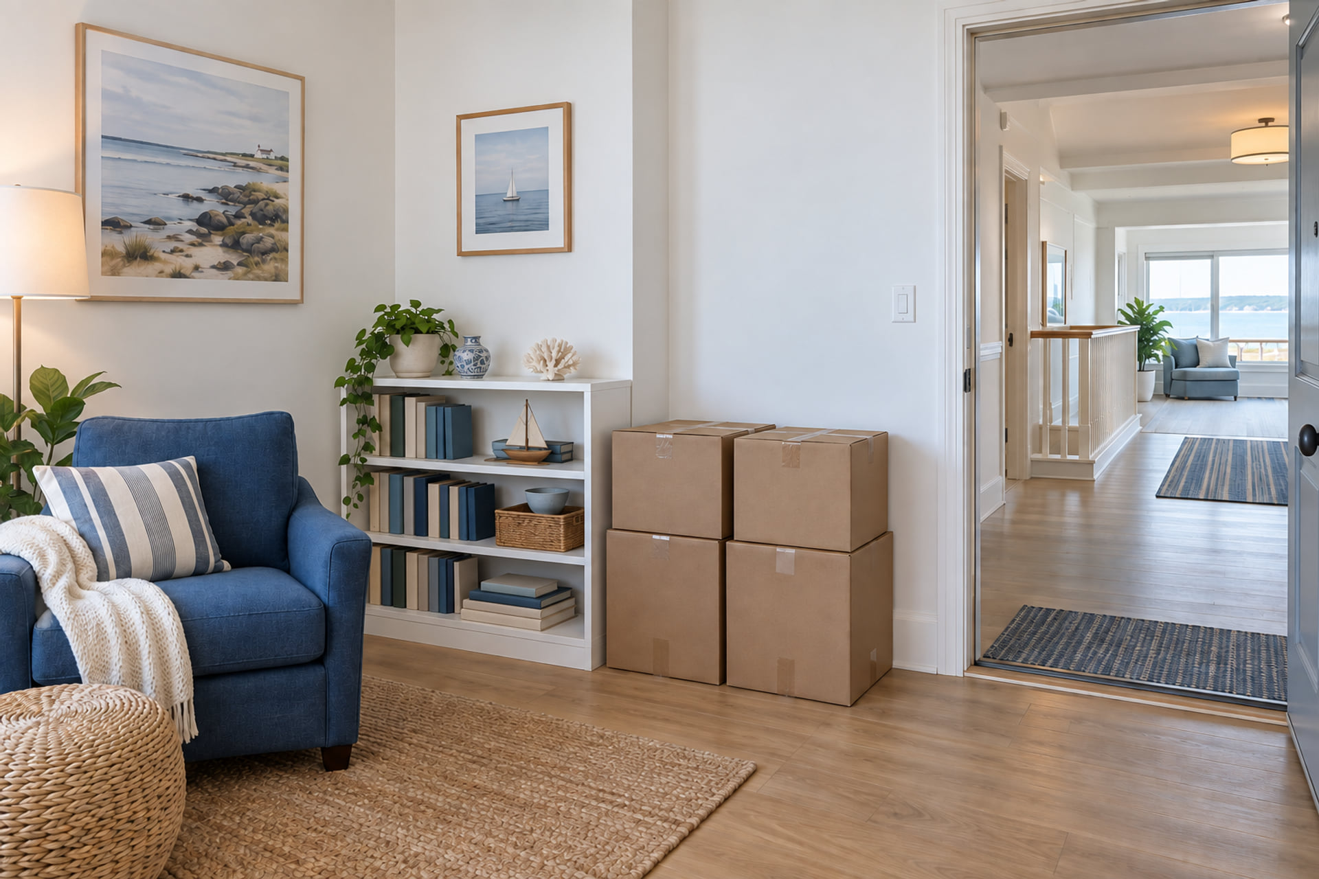 A bright condo room with a clear delivery entrance