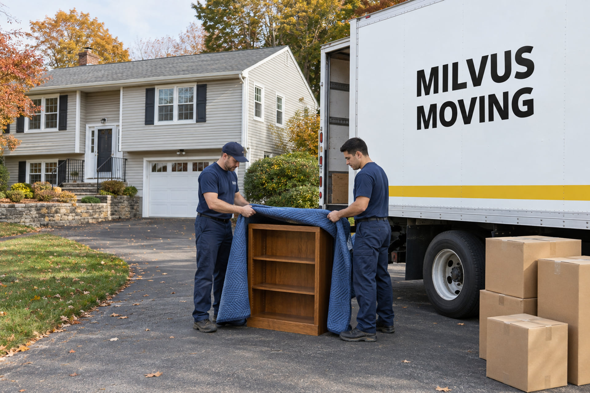 A crew preparing household furniture beside a moving truck
