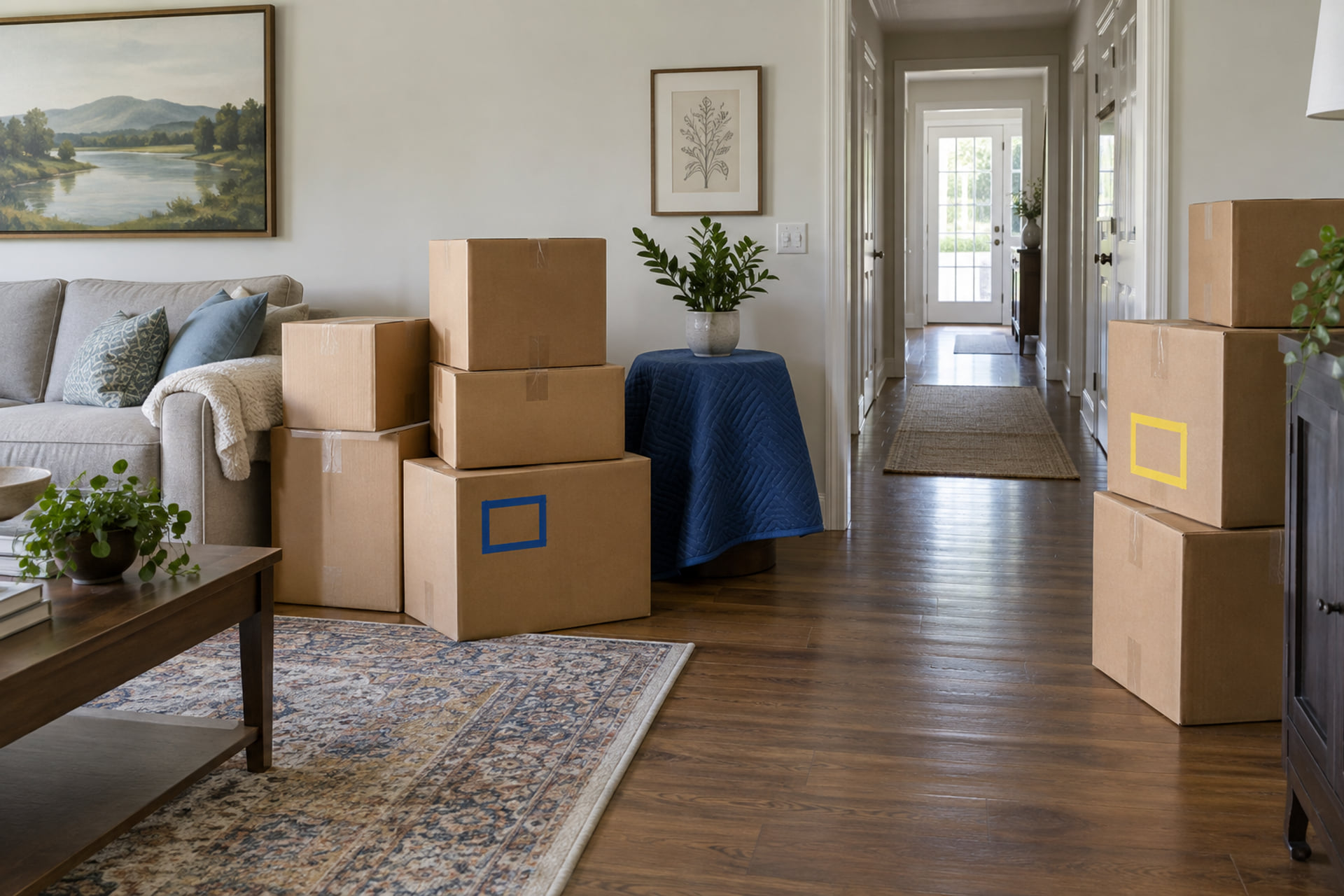 Two groups of packed belongings in a family room