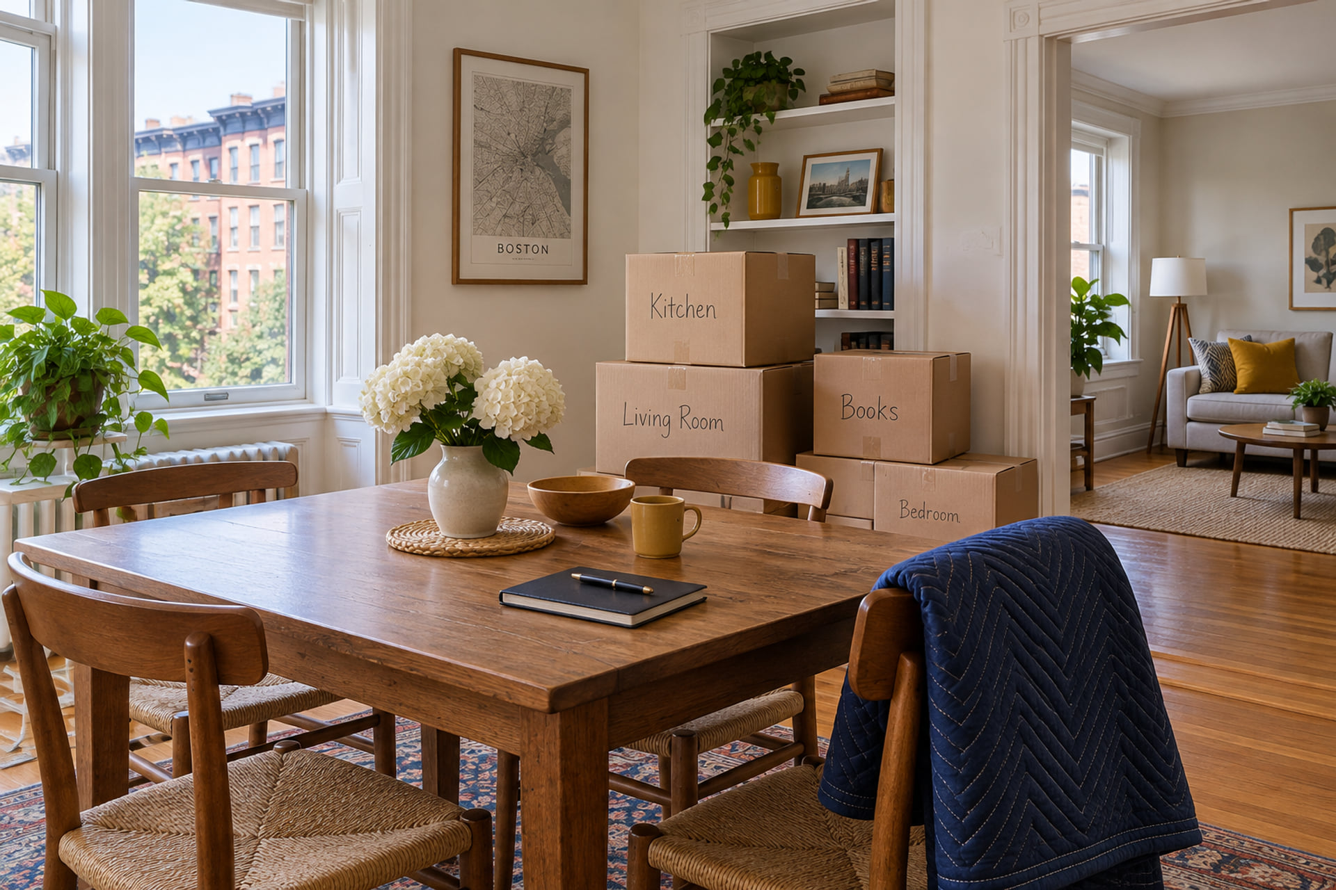 Labeled moving boxes and a notebook in a Boston-style apartment