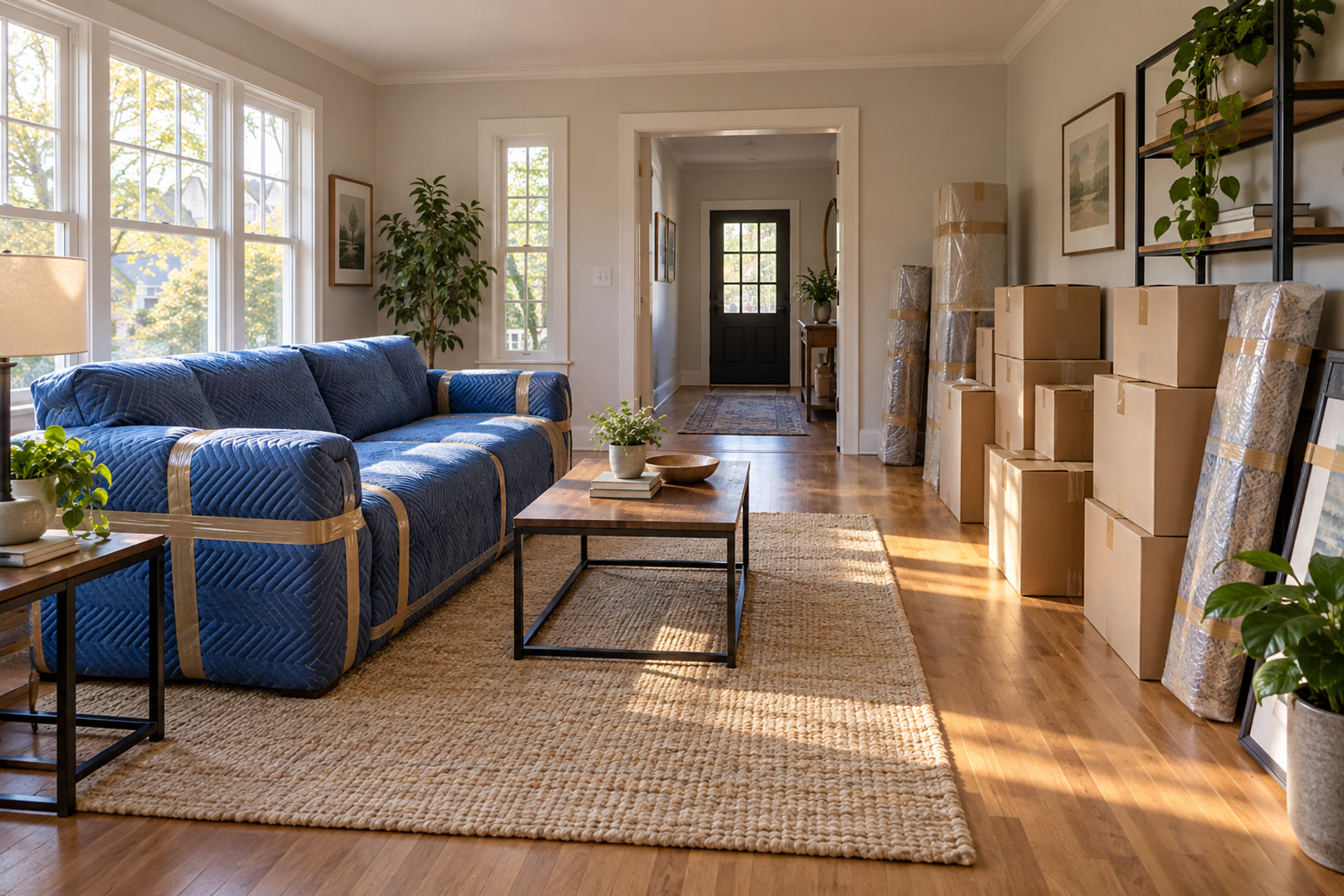 A protected sofa and packed boxes with a clear path to the front door