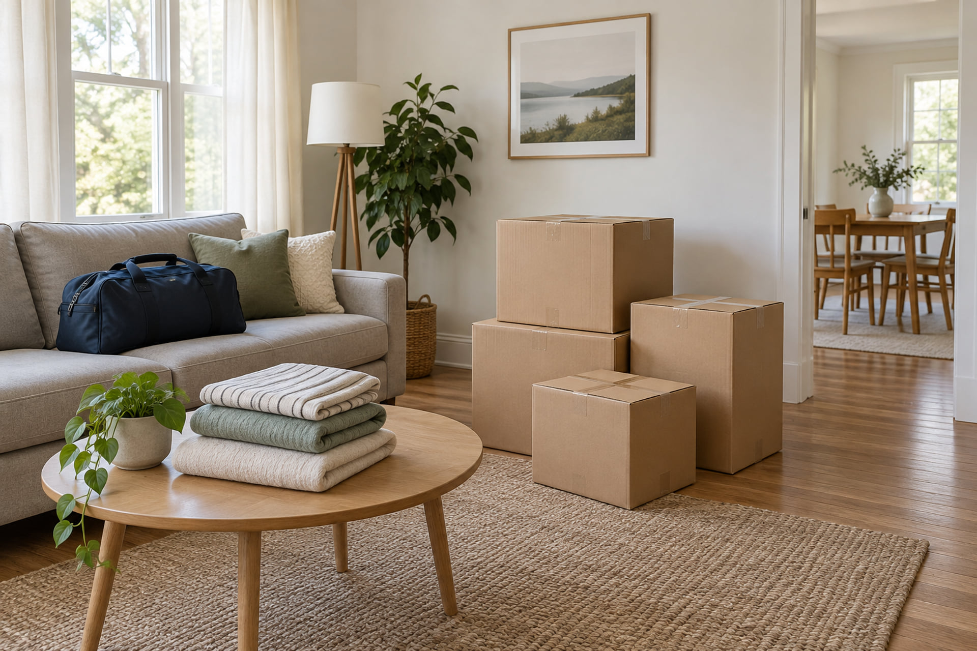 Packed belongings with personal essentials set aside