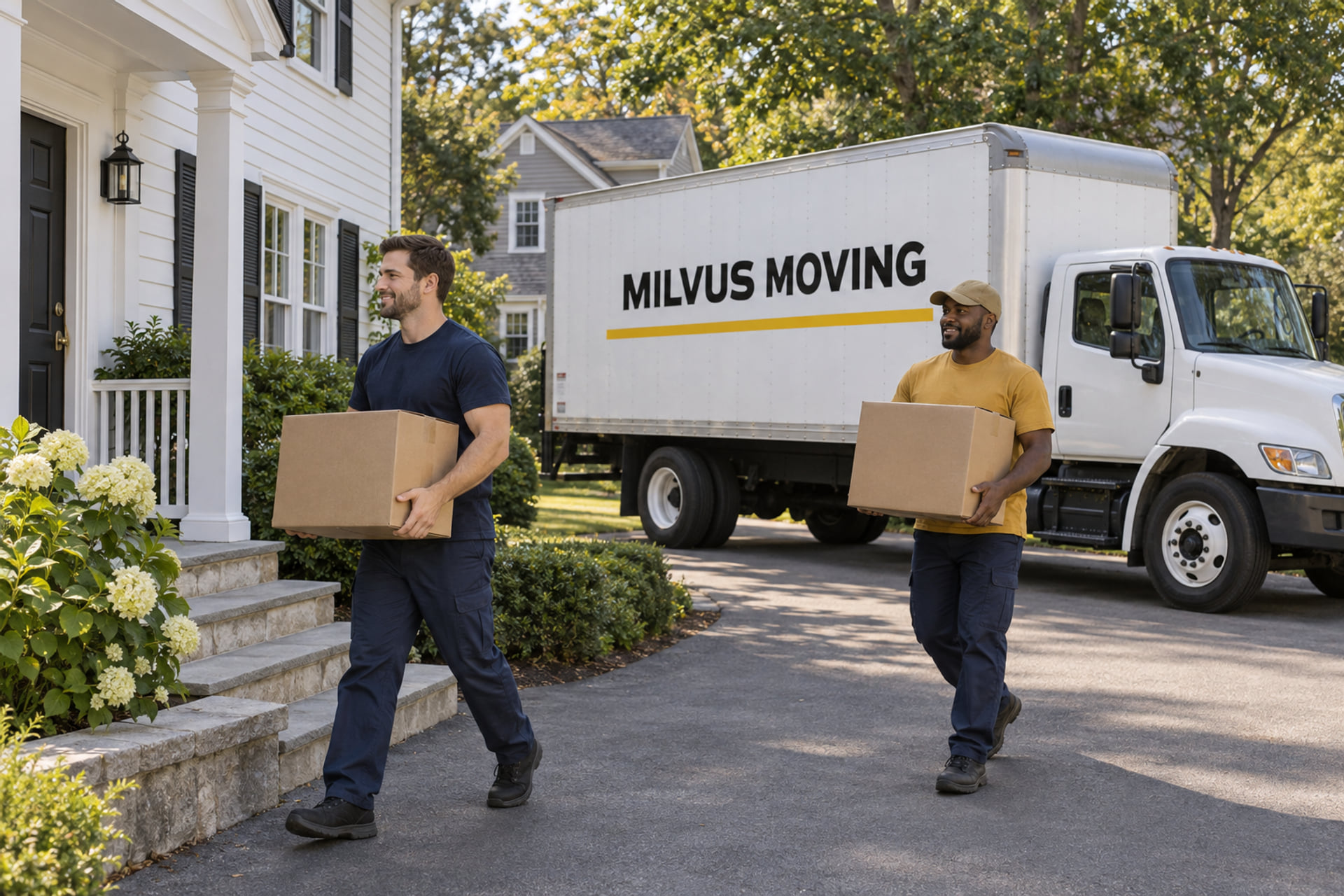 Movers preparing cartons for a long-distance household move