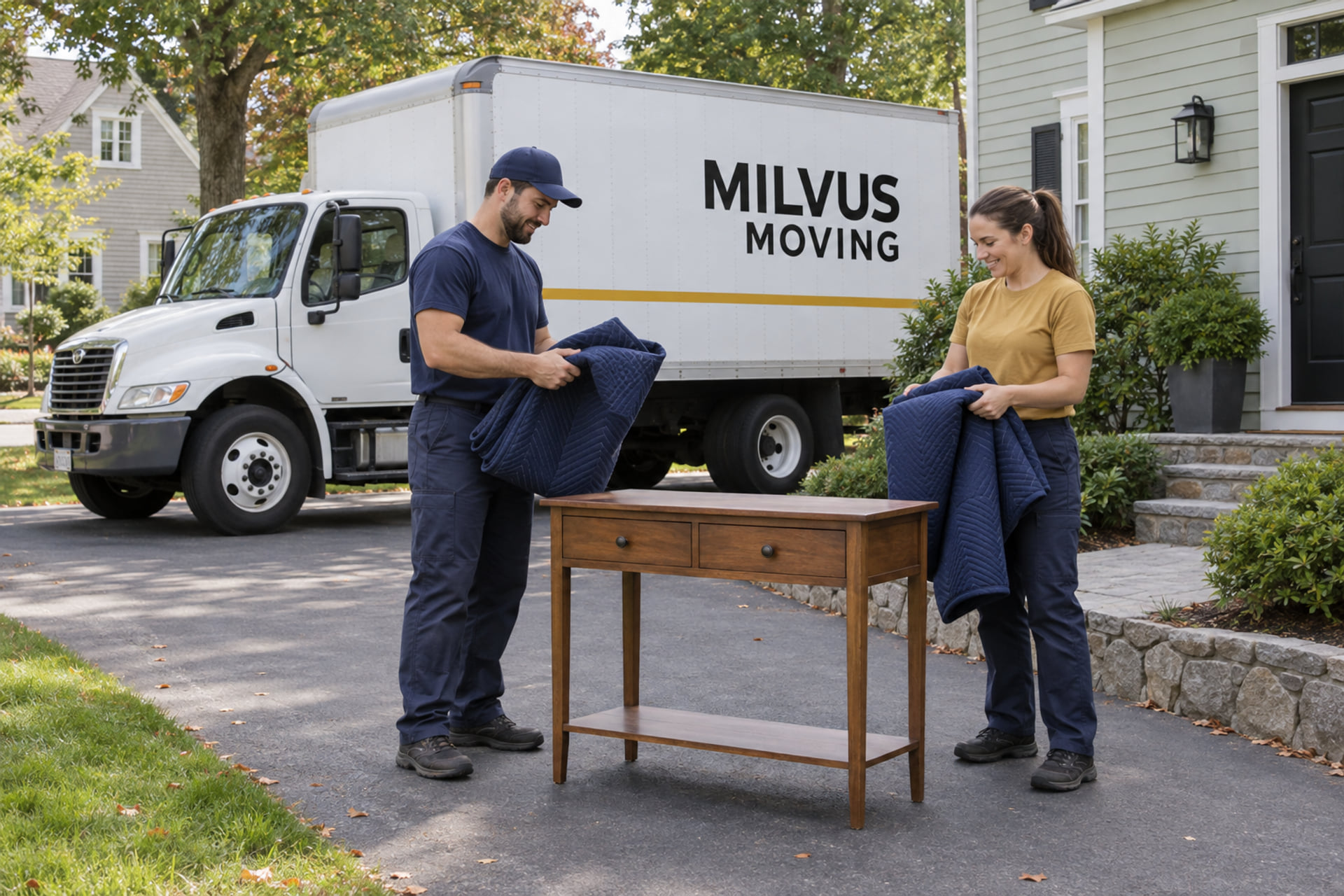 Movers preparing furniture for an interstate household move