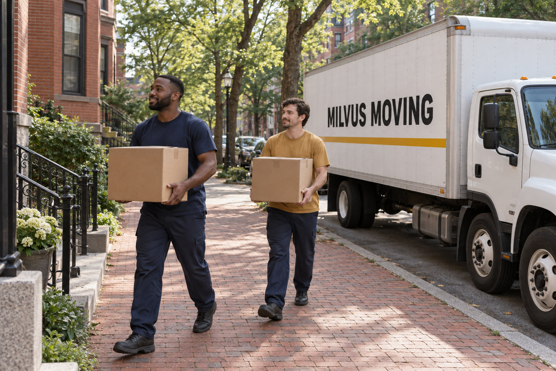Movers collecting cartons outside a brick apartment building