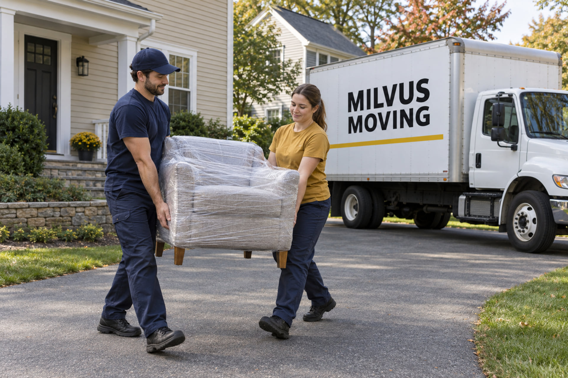 Movers preparing a protected chair for an interstate move