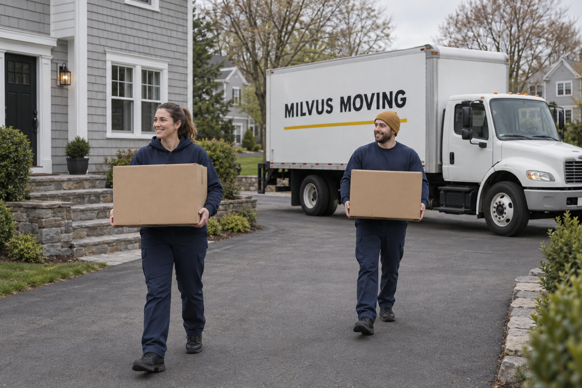 Movers preparing a household pickup outside a New England home