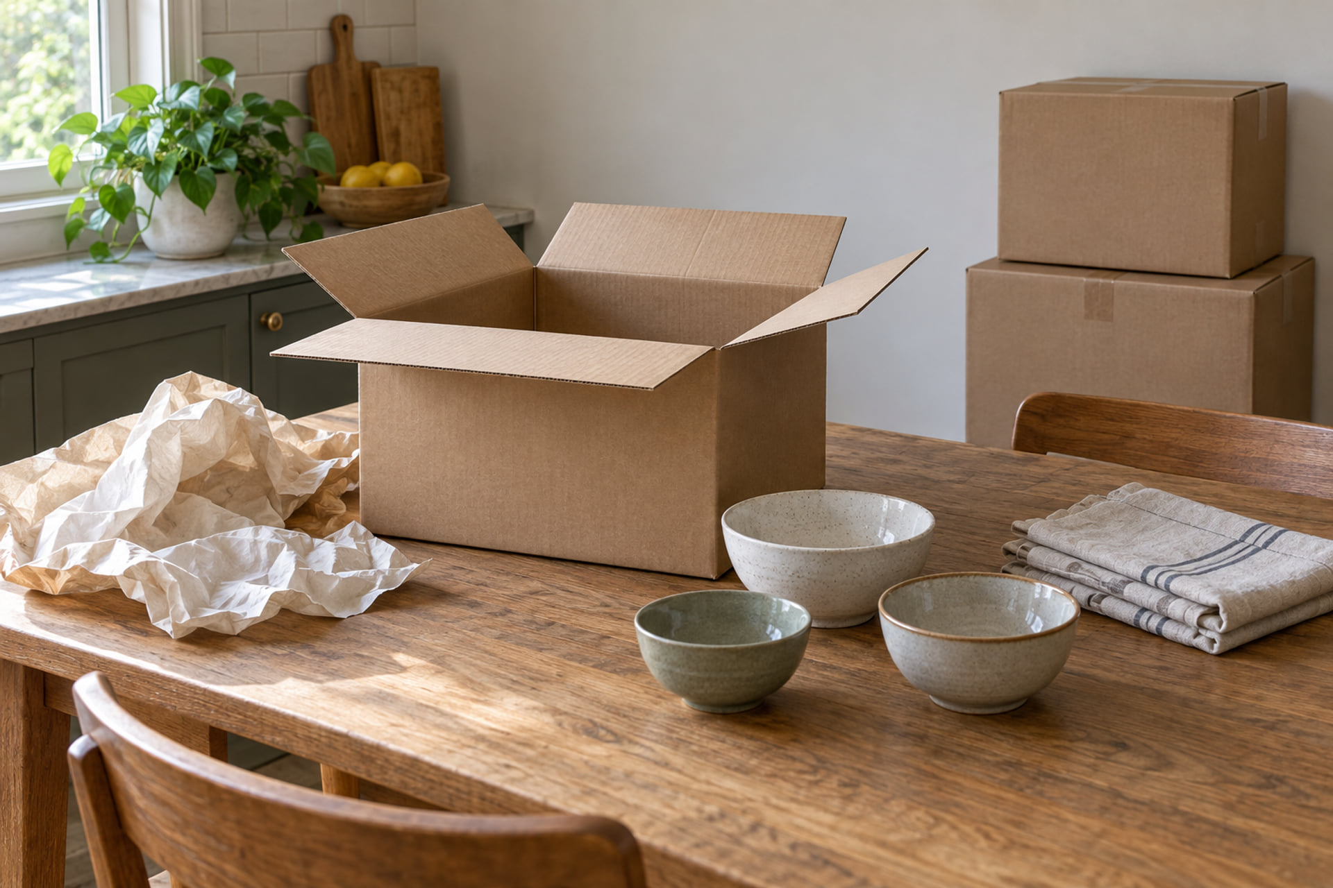 Kitchen contents organized for packing