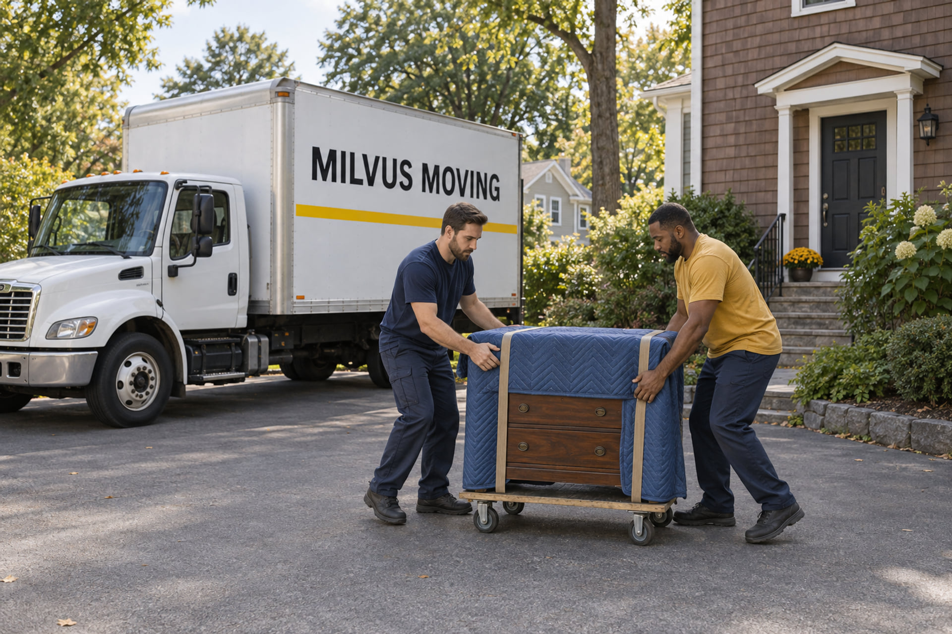 Movers preparing furniture and cartons for an interstate move