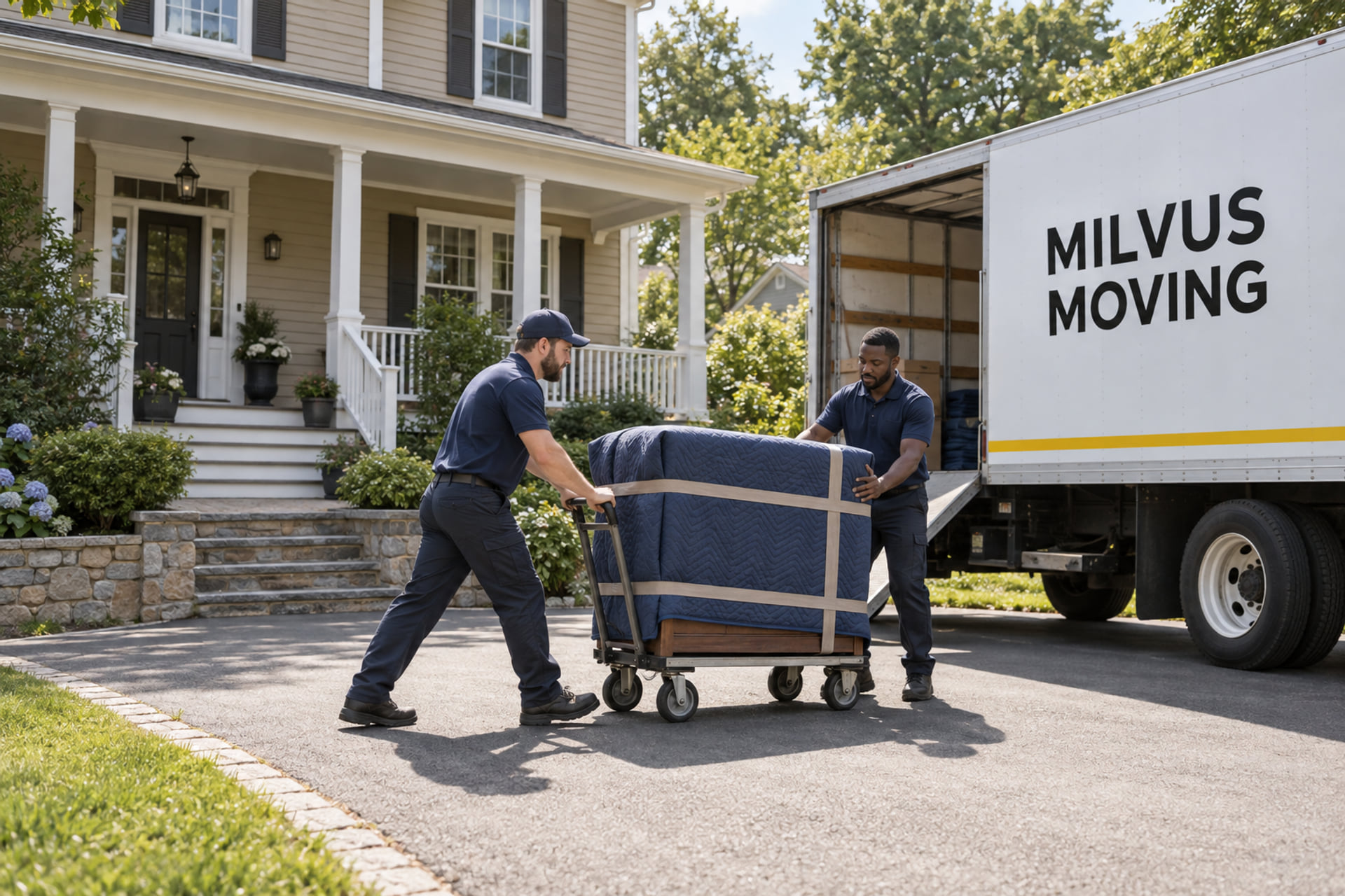 Movers preparing household belongings for collection