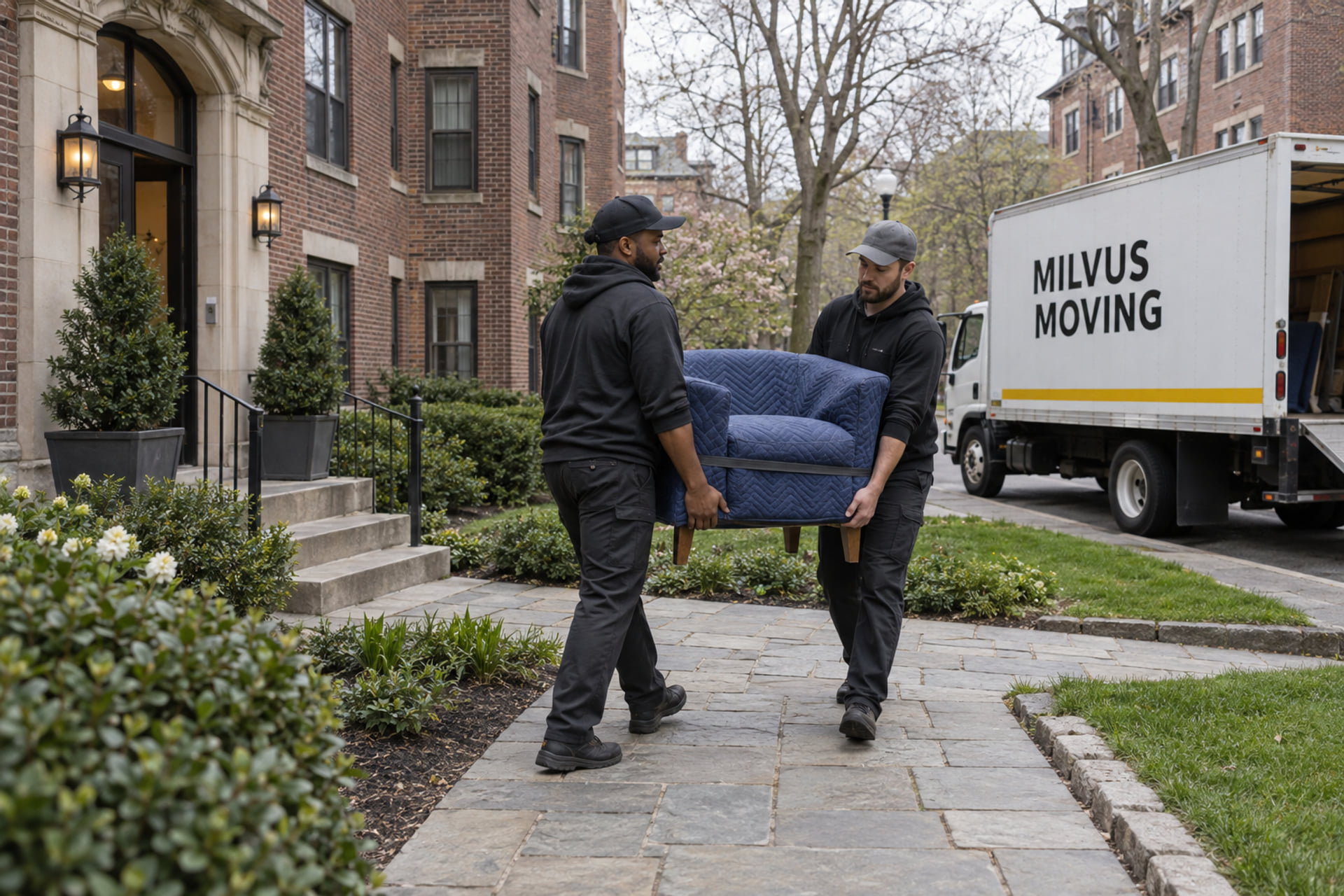 Movers preparing household belongings for collection