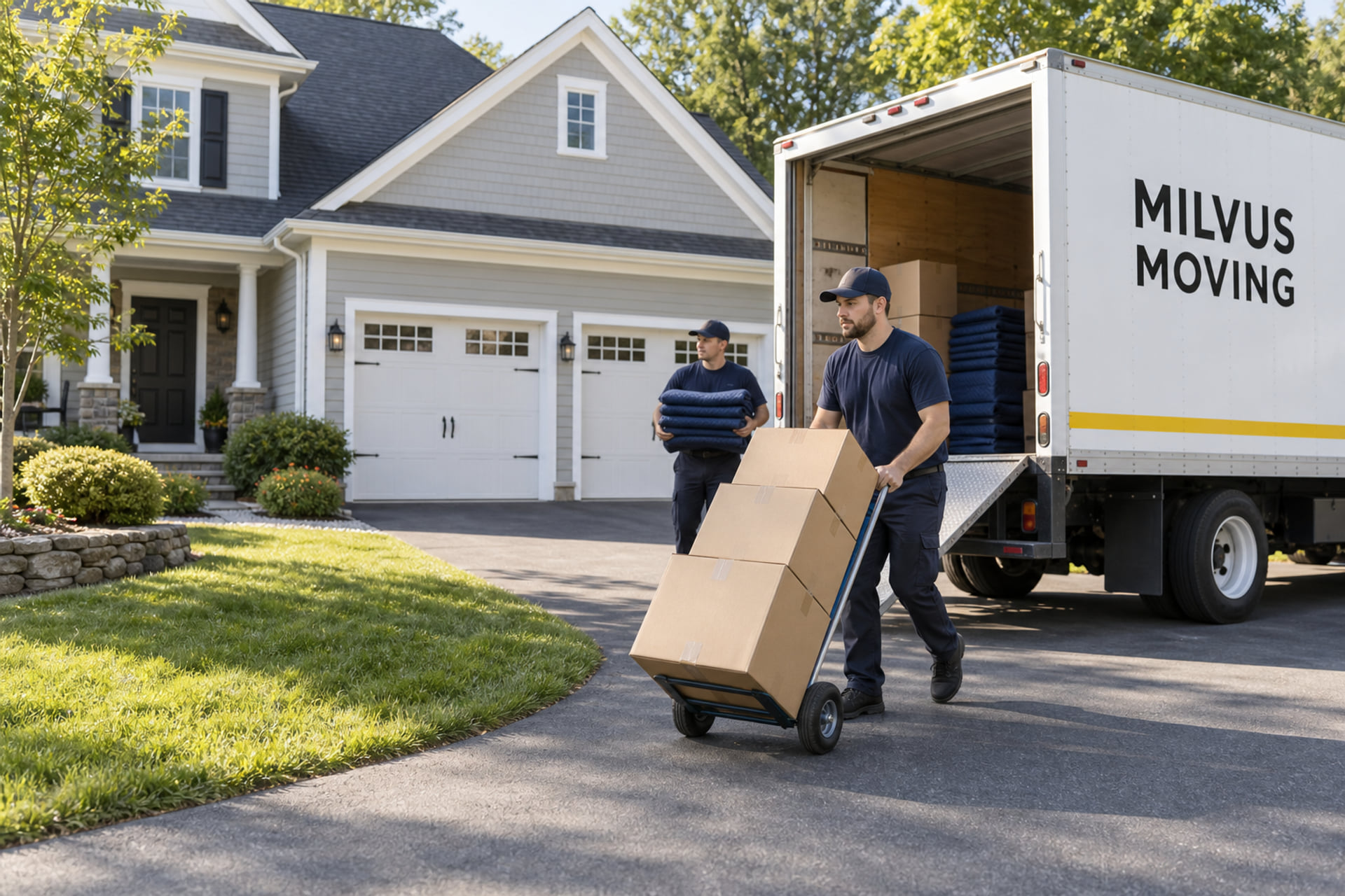 Movers preparing household belongings for collection