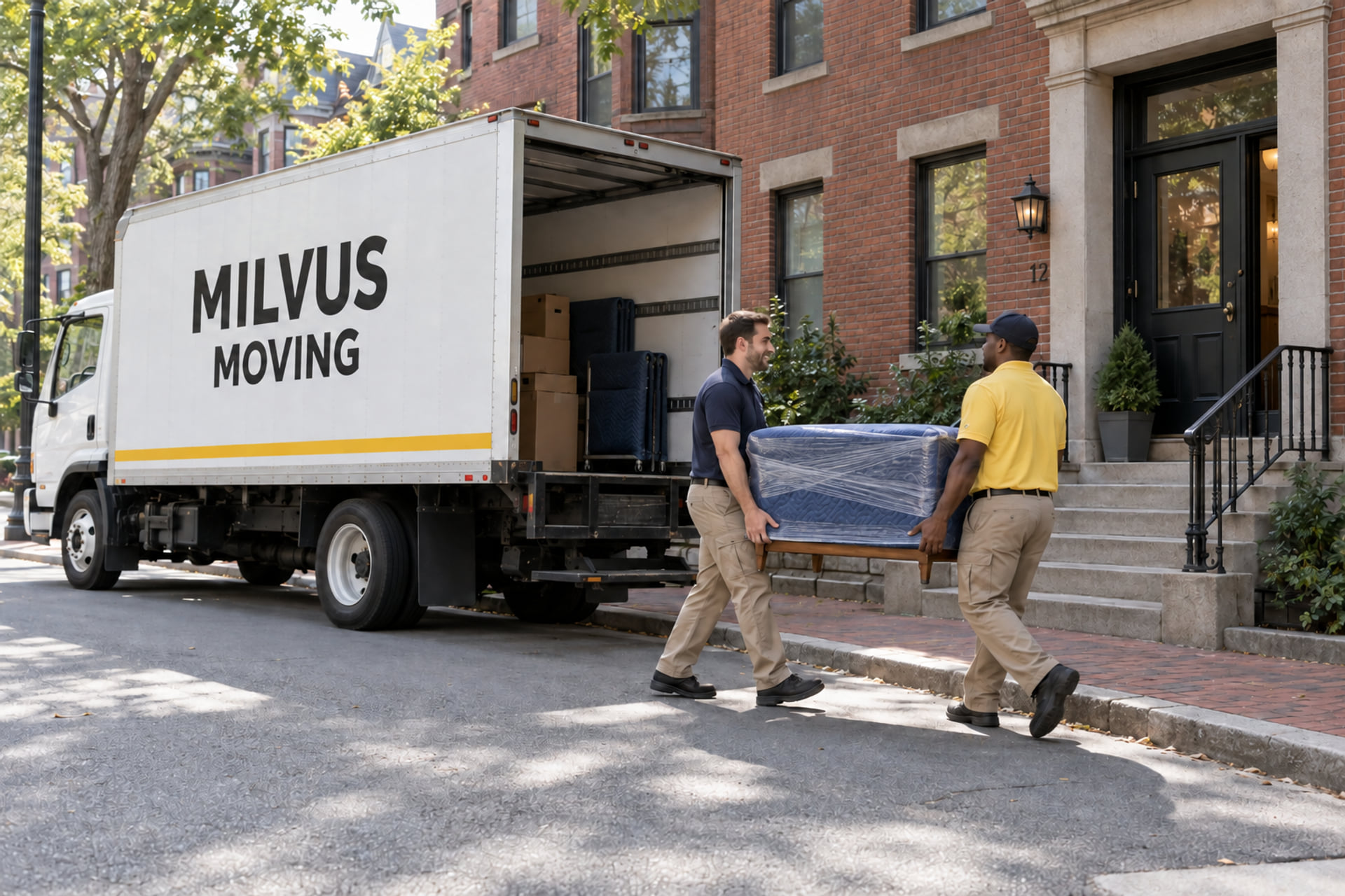 Movers preparing household belongings for collection