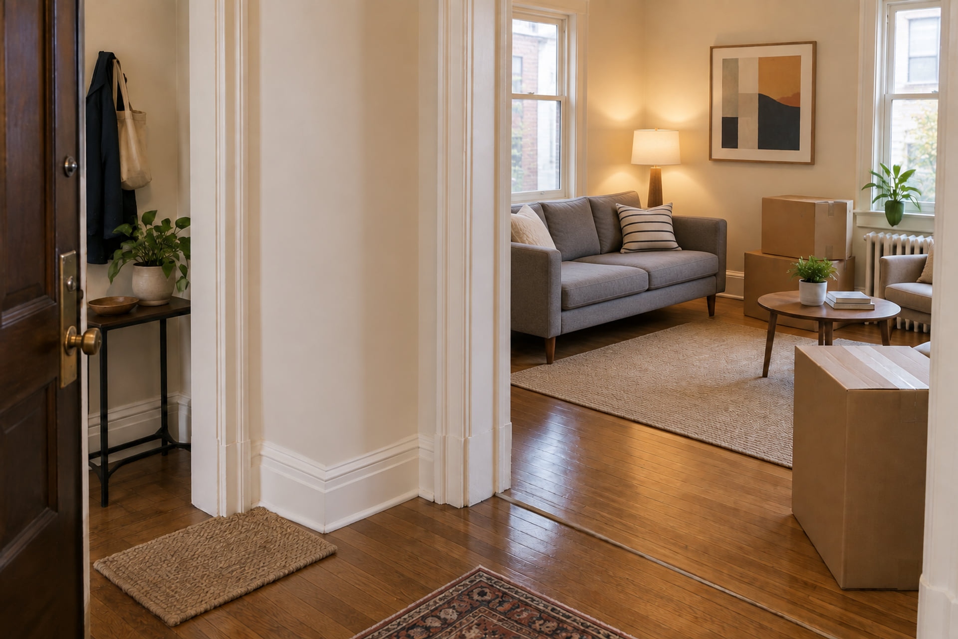 Interior layout and belongings prepared for a household move