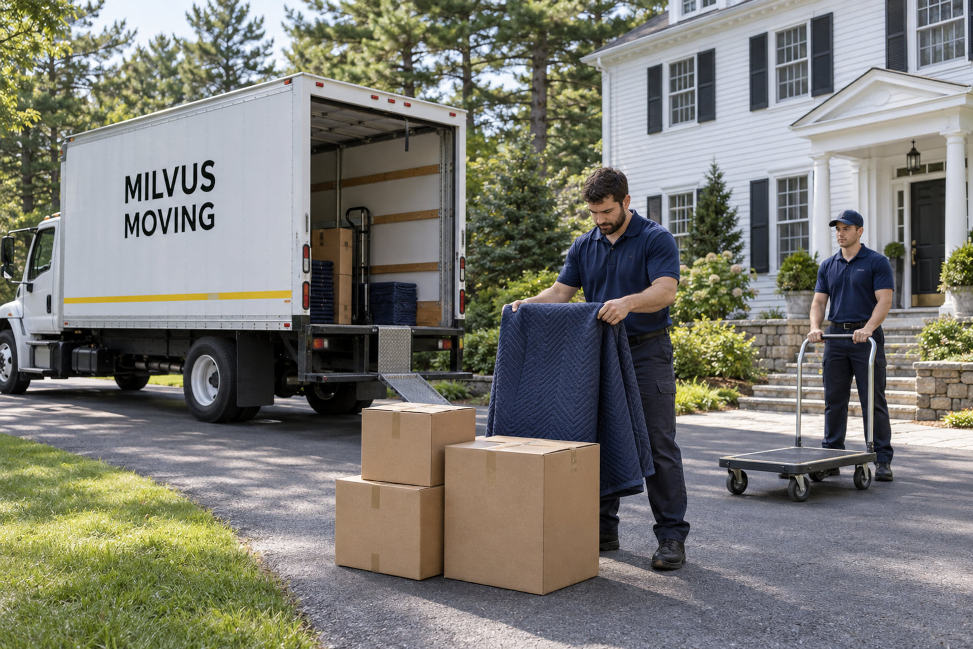Movers preparing household belongings for collection