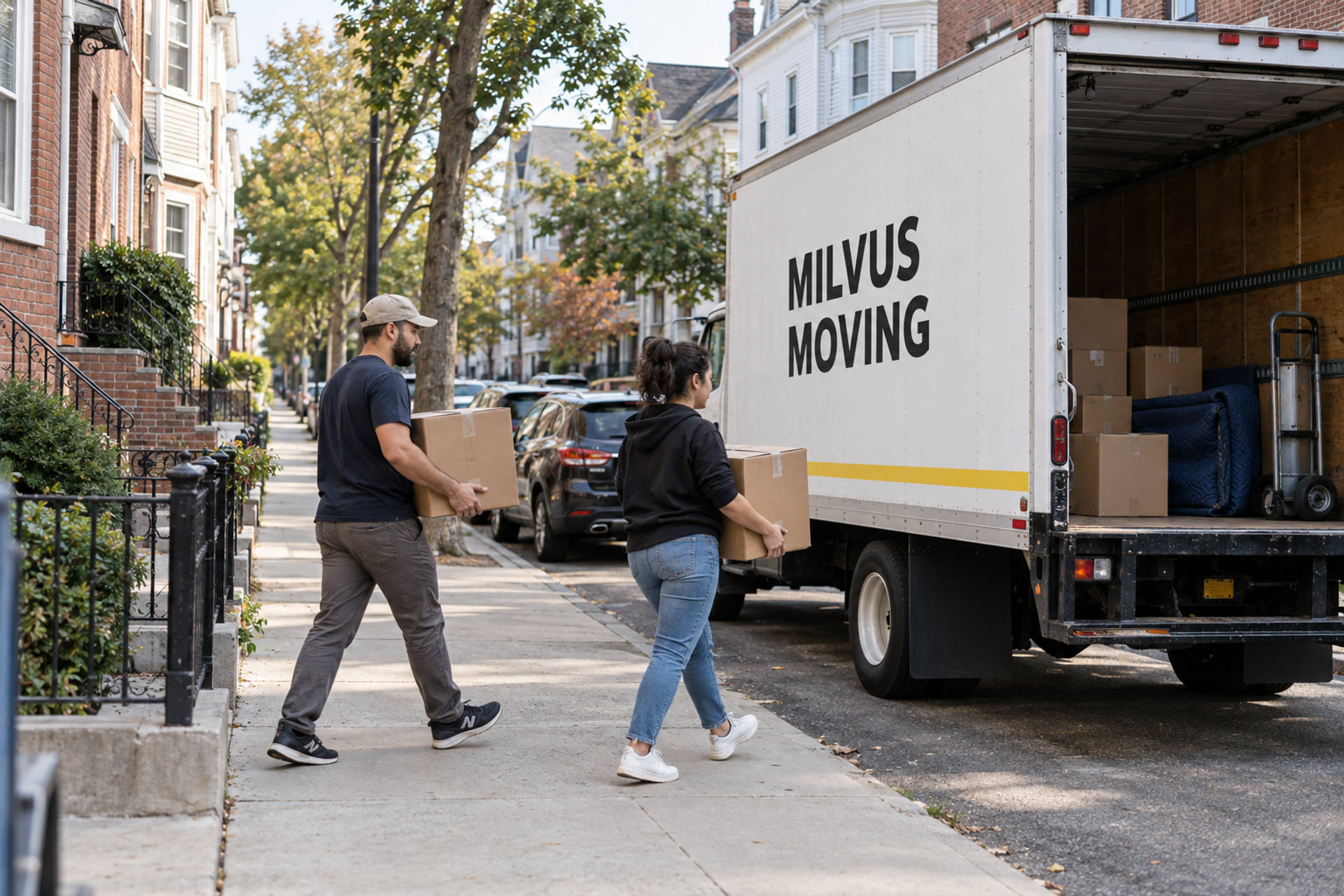 Movers preparing household belongings for collection
