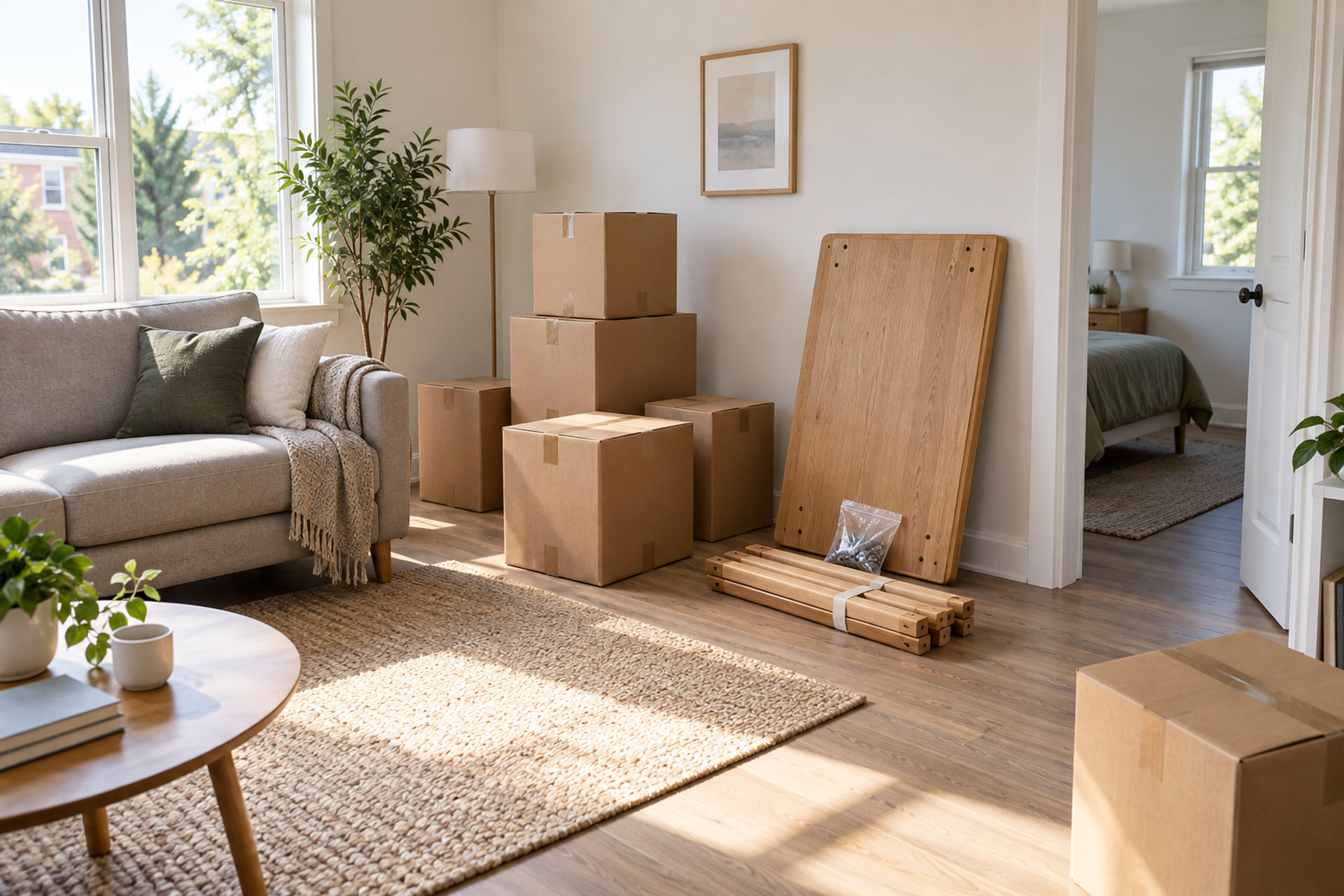 Interior layout and belongings prepared for a household move