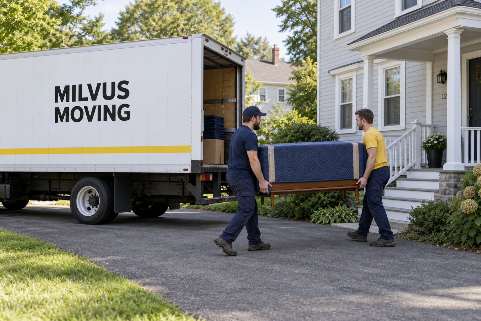 Movers preparing household belongings for collection