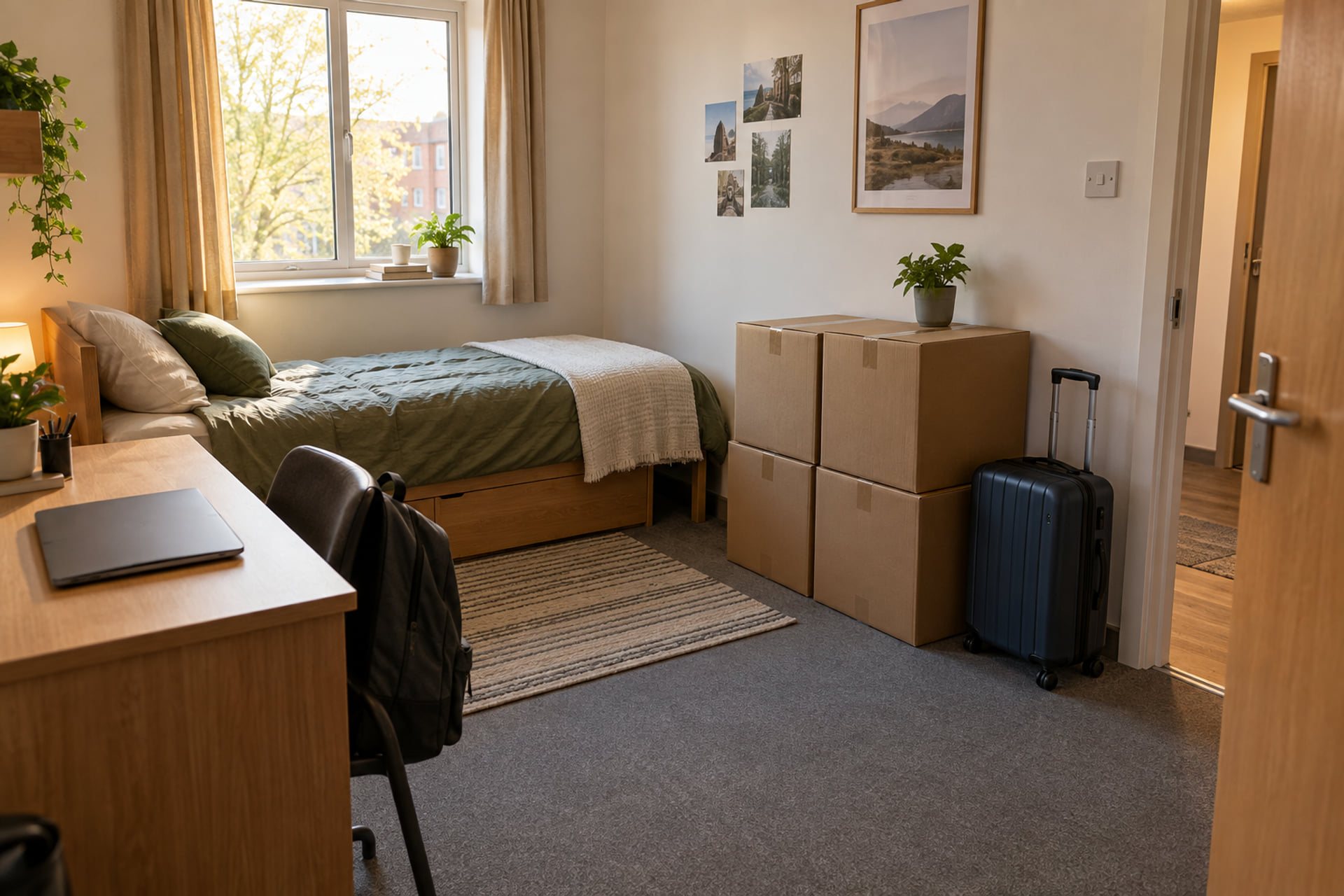 Packed boxes and a desk in a small student room
