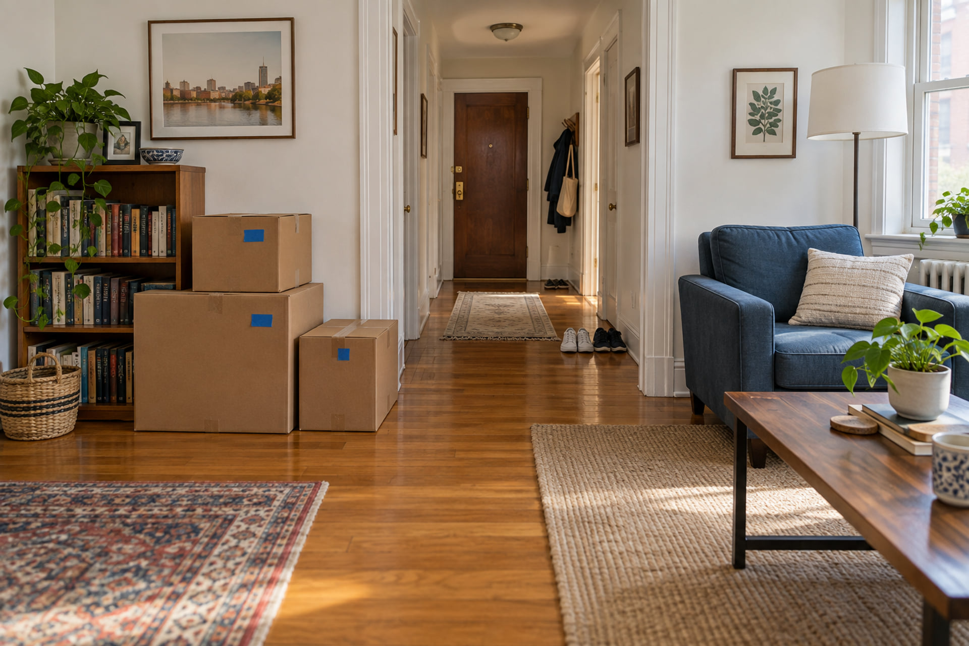 Separated boxes and furniture in a shared apartment