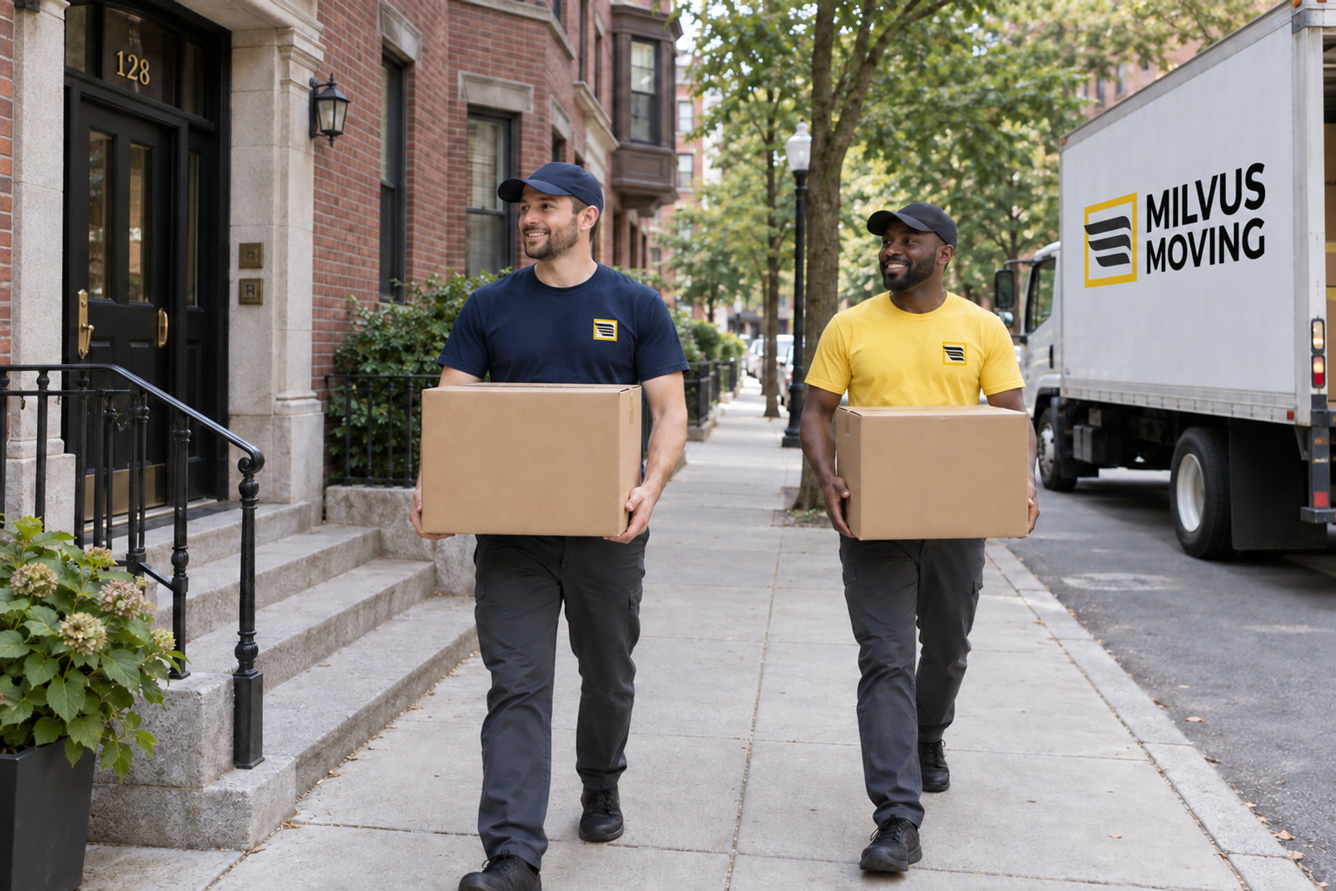 Movers carrying sealed boxes from a student apartment