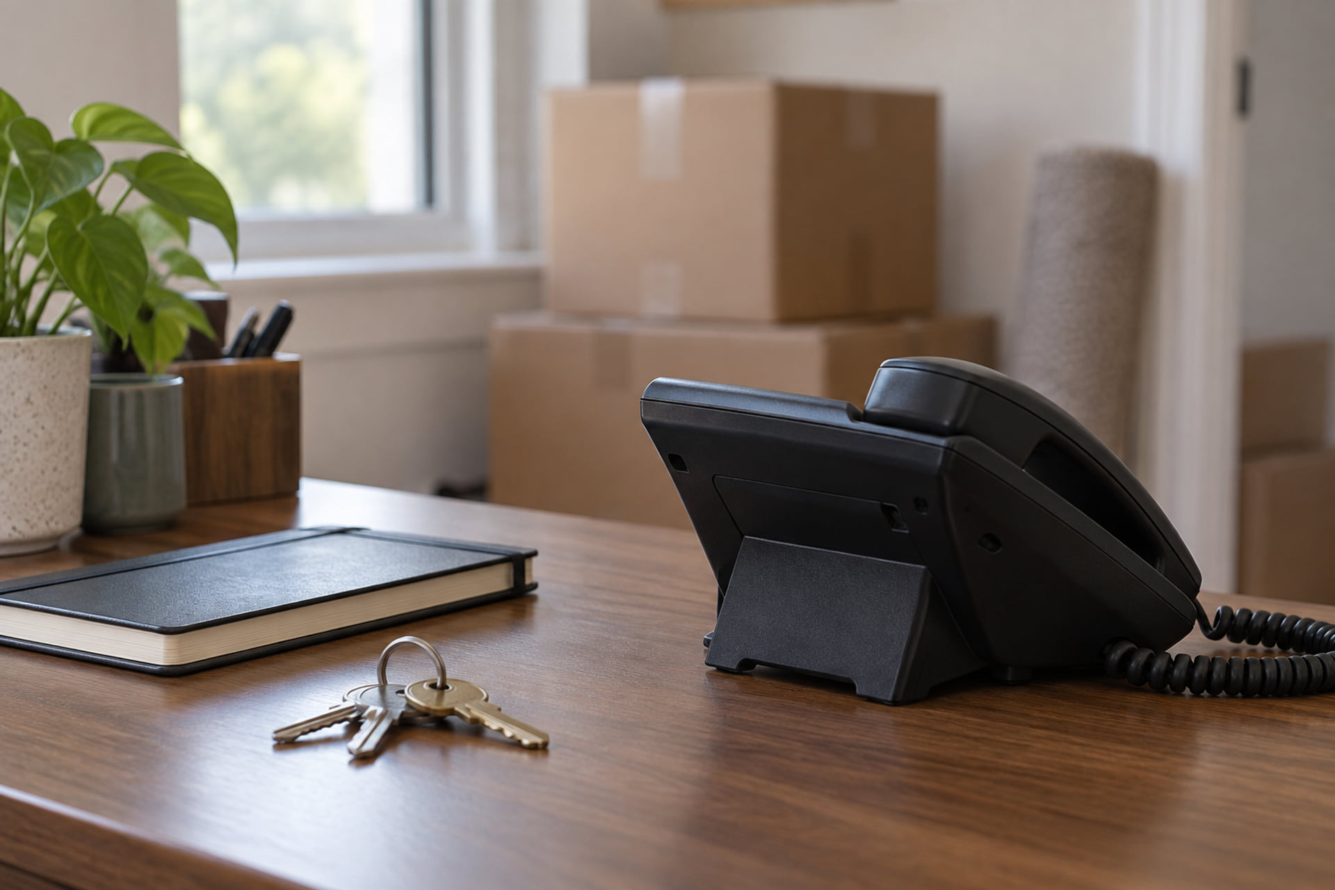 Desk telephone, notebook and keys beside moving boxes