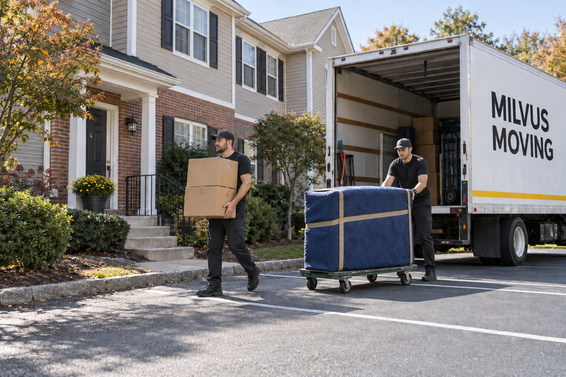 Movers preparing household belongings for collection