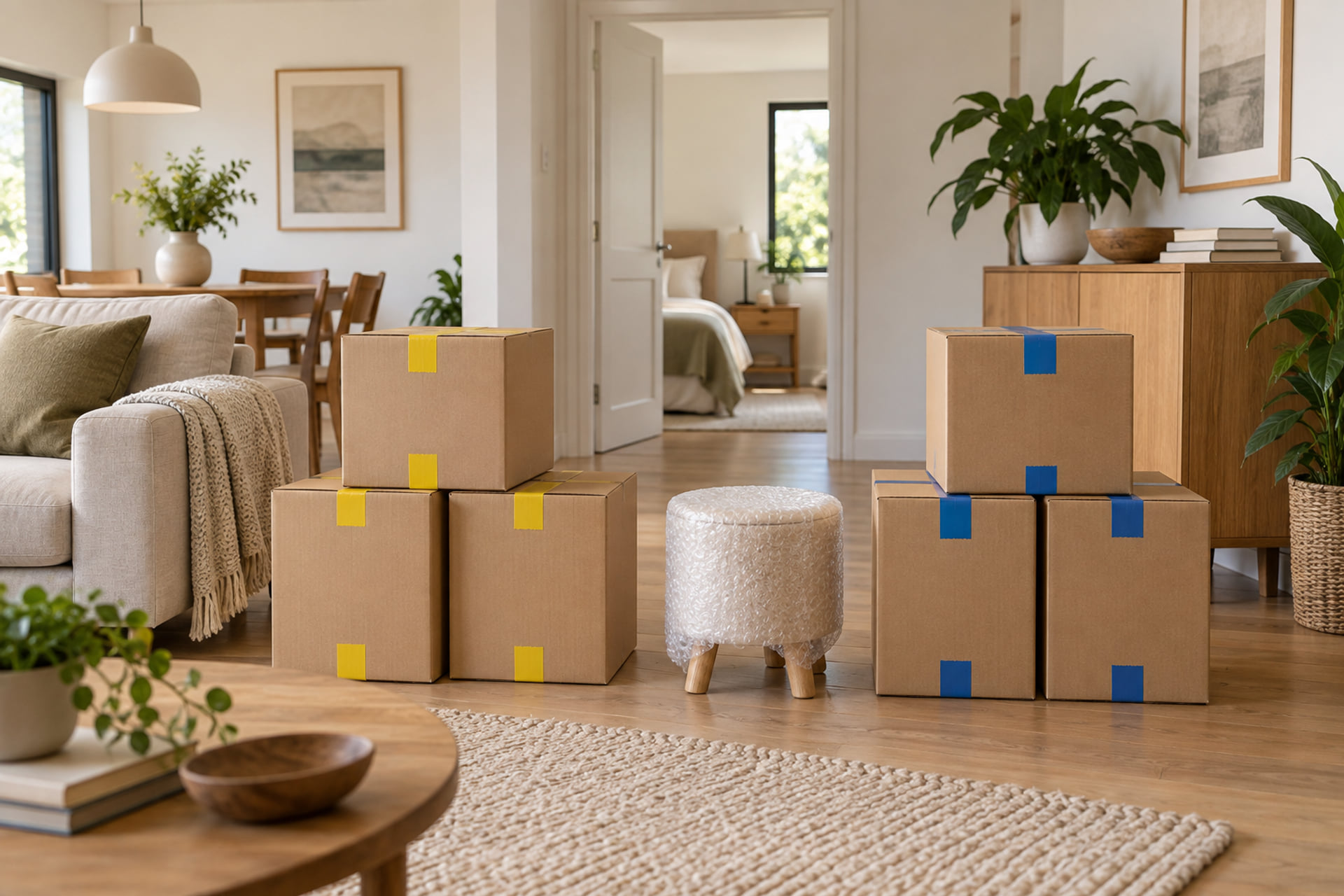 Interior layout and belongings prepared for a household move