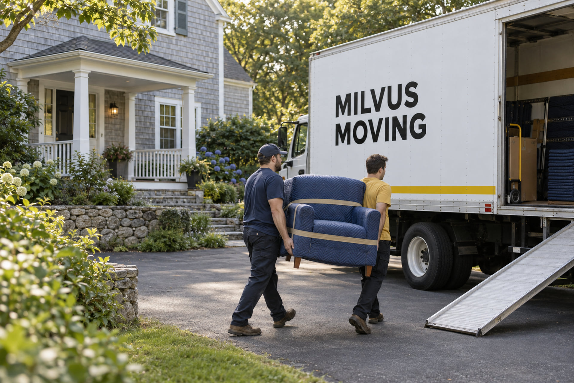 Movers preparing household belongings for collection