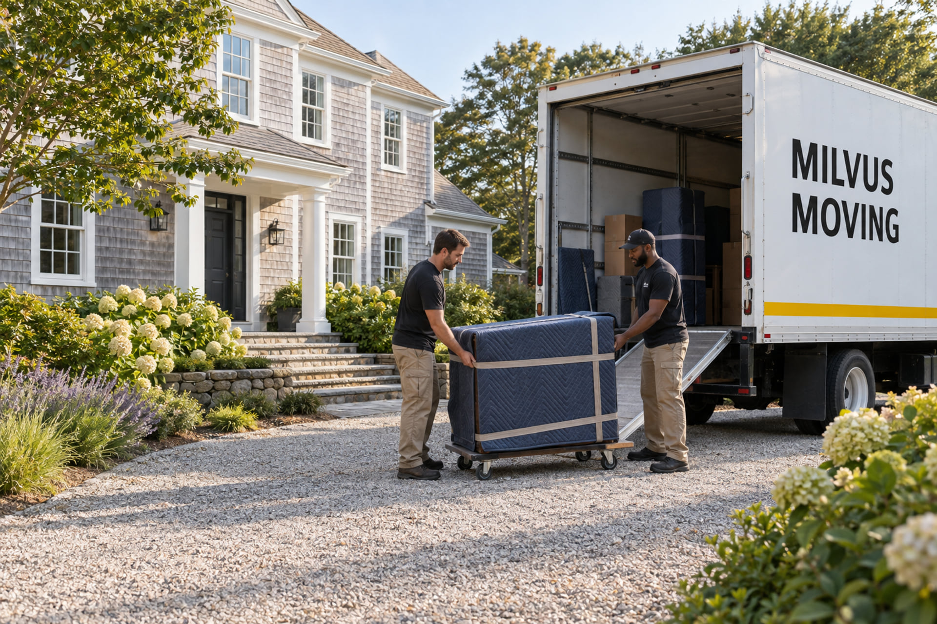 Movers preparing household belongings for collection