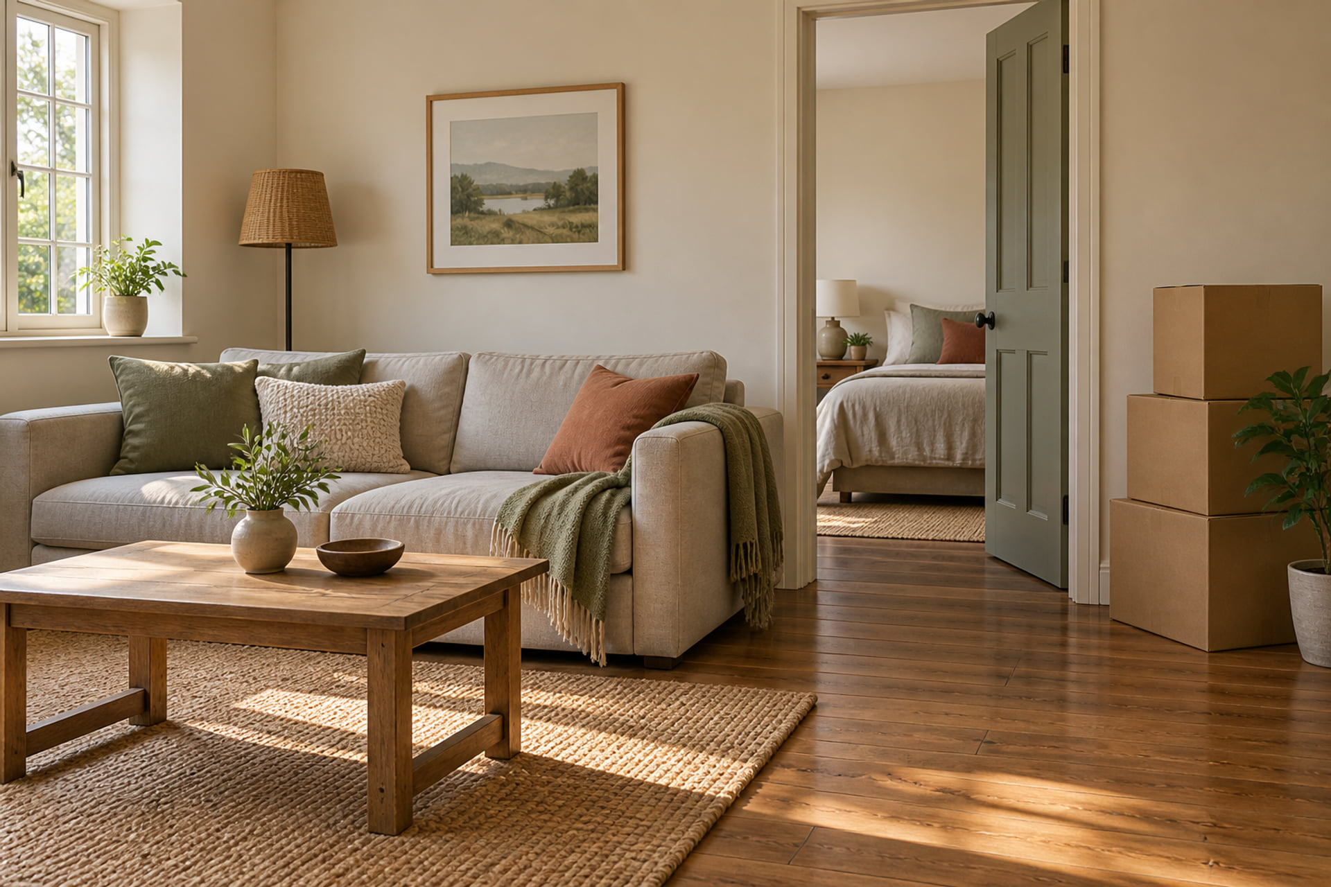 Interior layout and belongings prepared for a household move