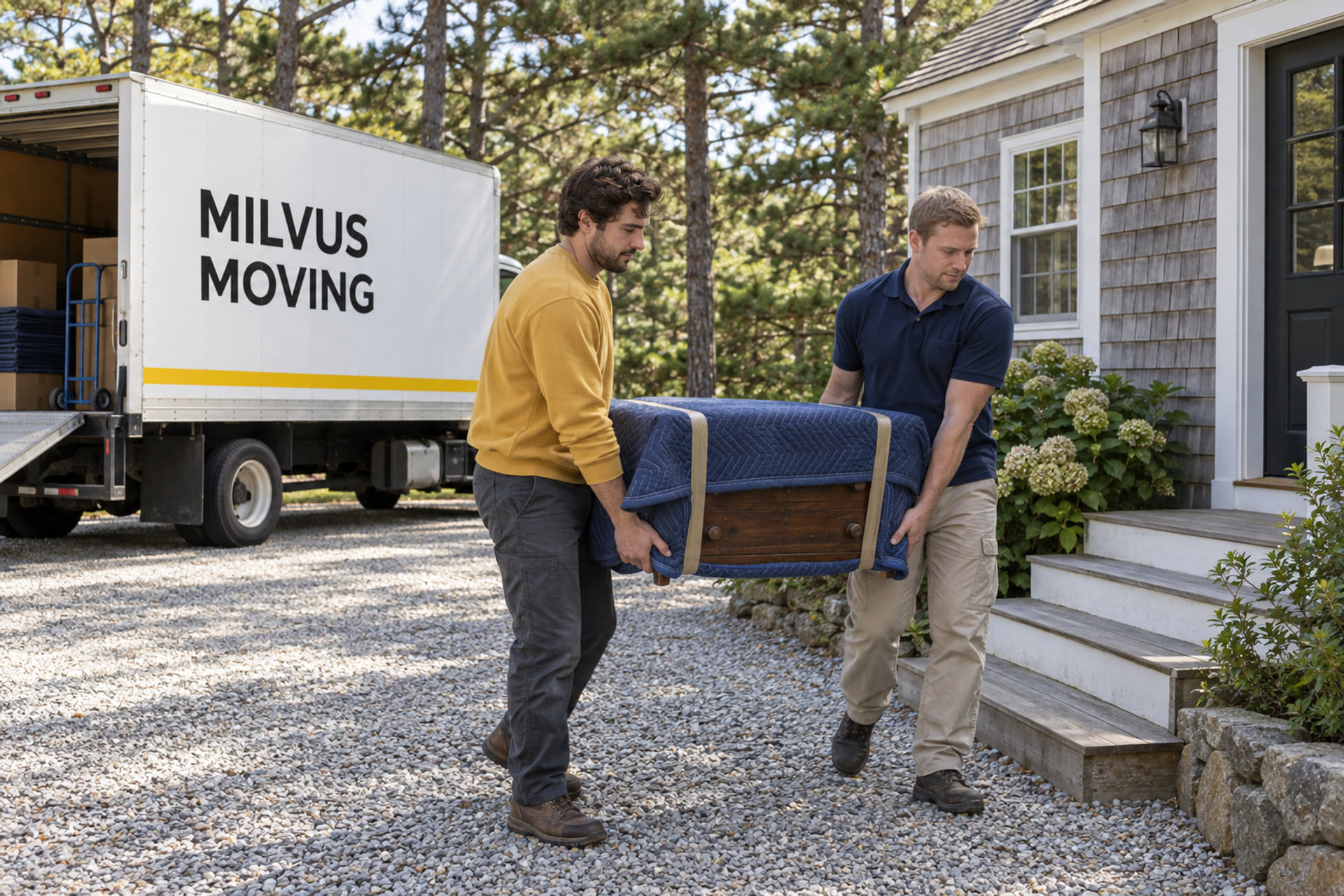 Movers carrying protected furniture beside a cedar-shingle house