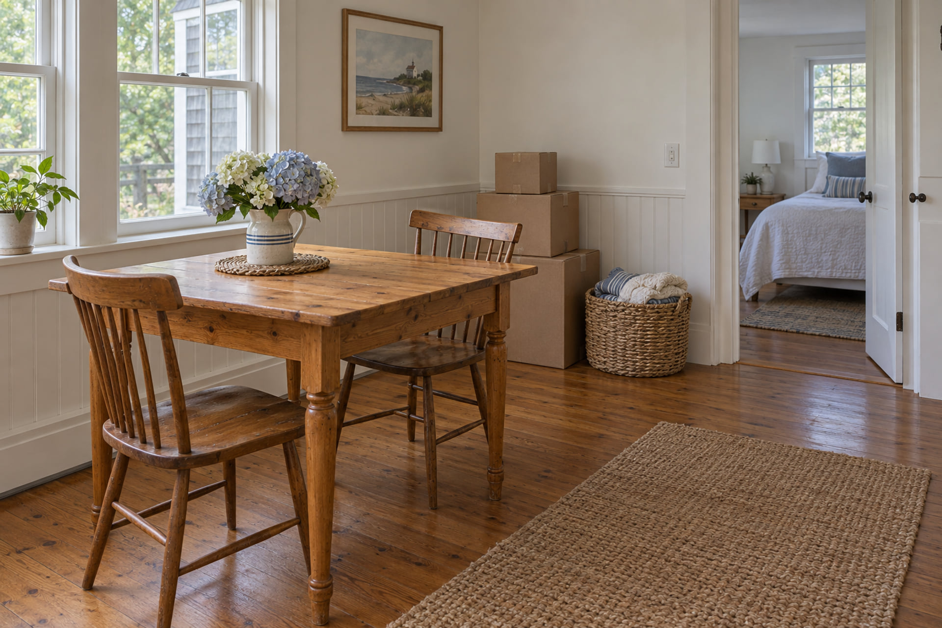 Closed cartons and furniture arranged in a cottage dining area