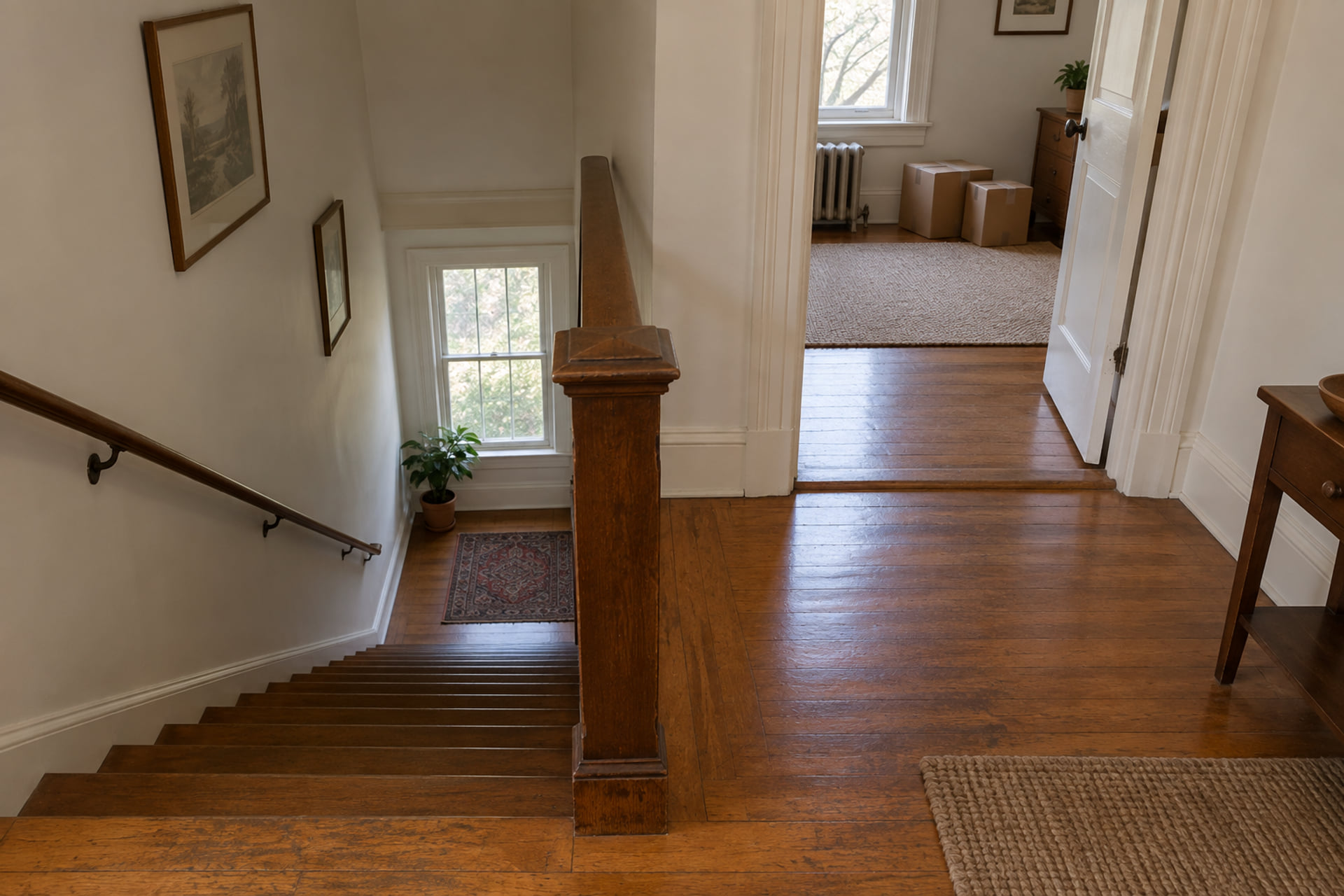 Apartment stair landing with a clear route to an open doorway