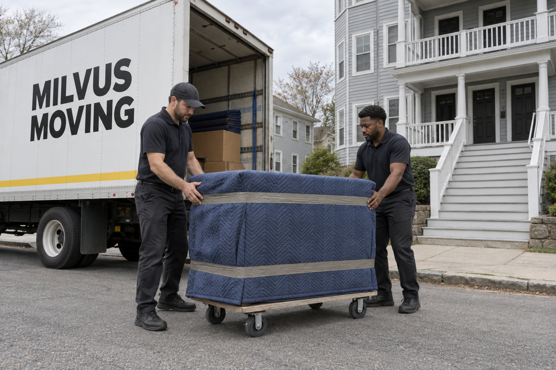 Movers with a padded chest on a furniture dolly outside a multi-family house