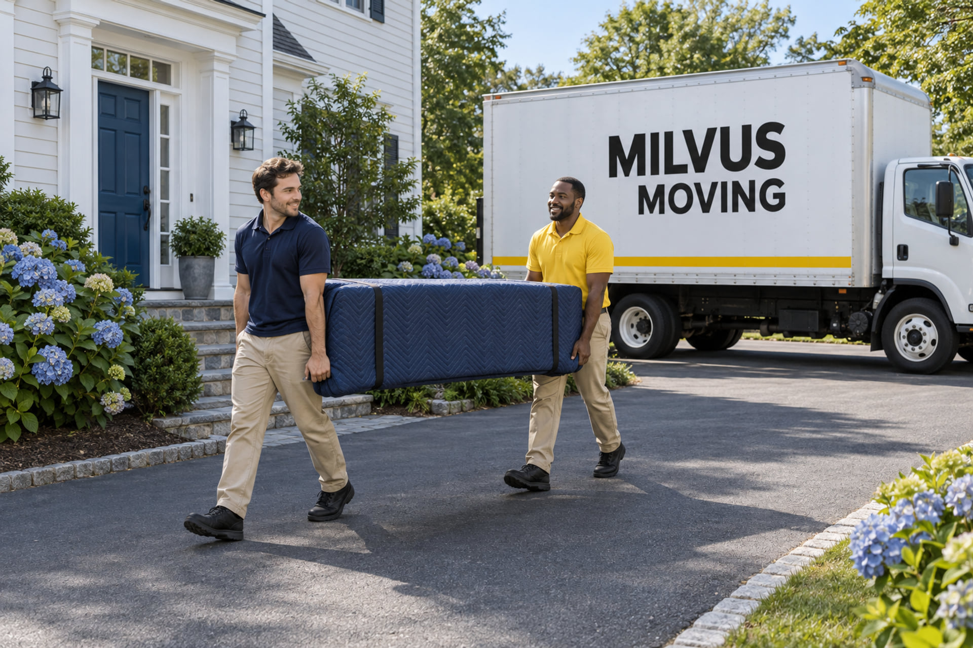 Movers carrying padded furniture toward a coastal house