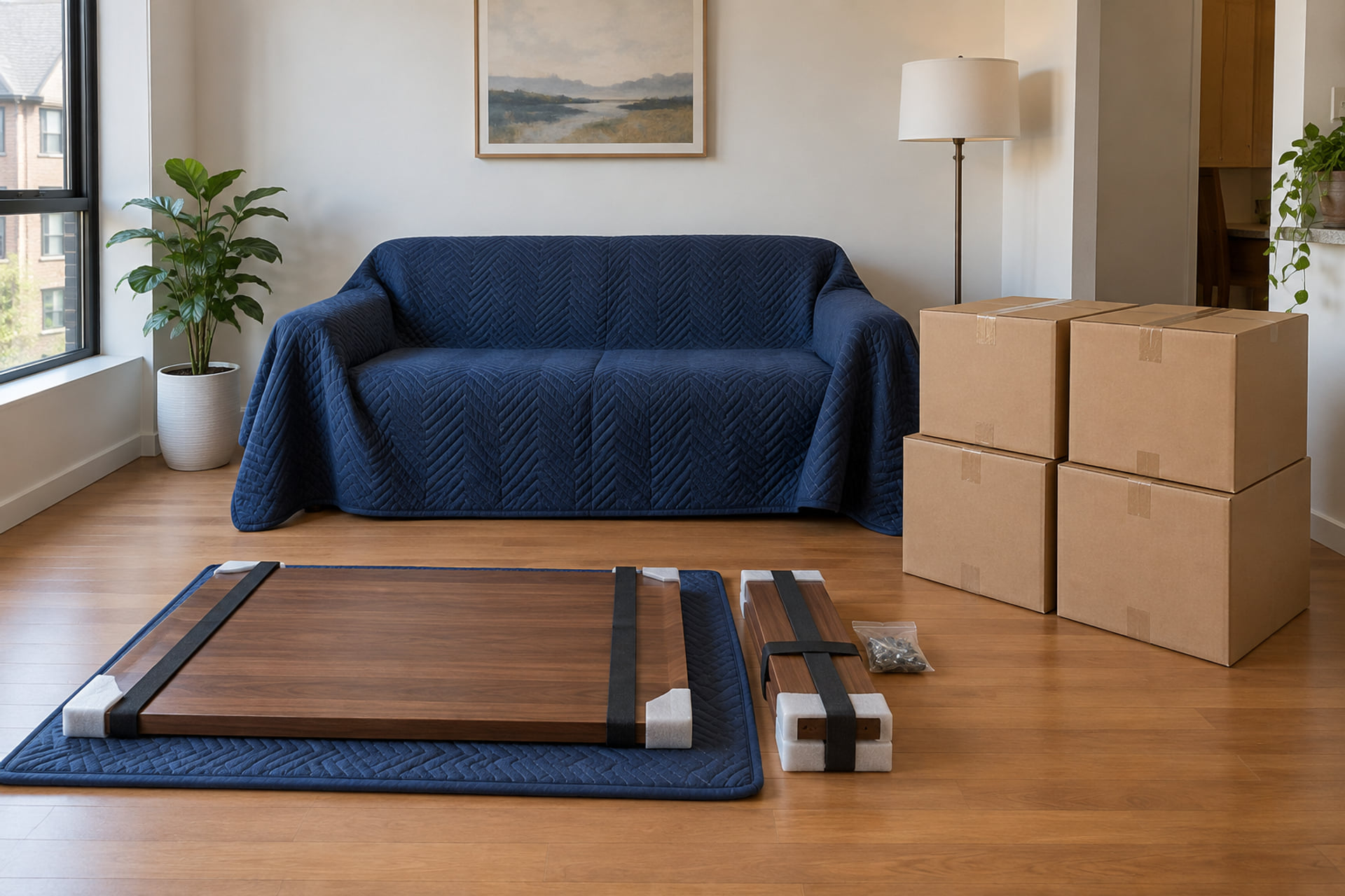 Disassembled furniture parts and packed boxes beside a protected sofa