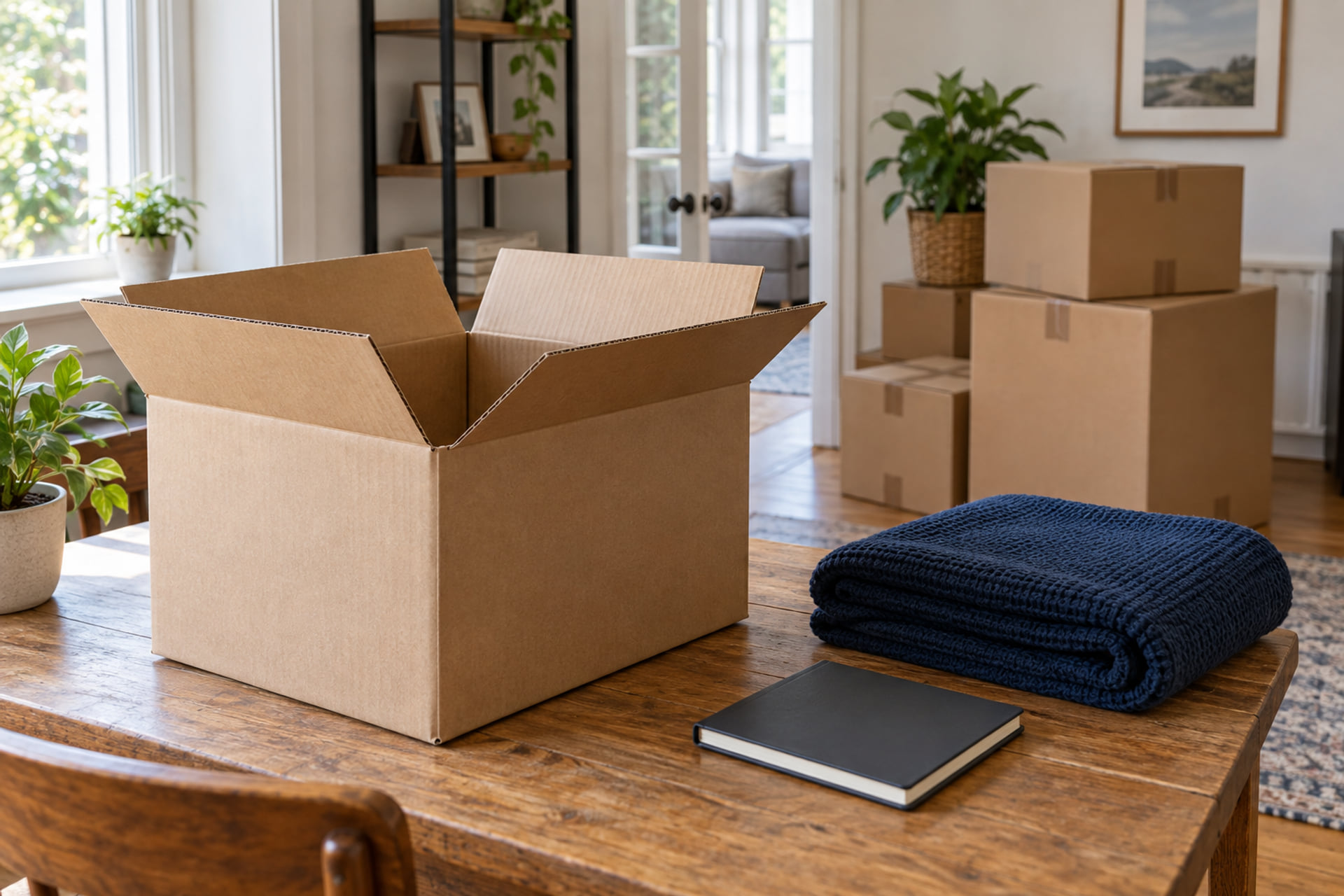 Open moving box, folded blanket and notebook on a table