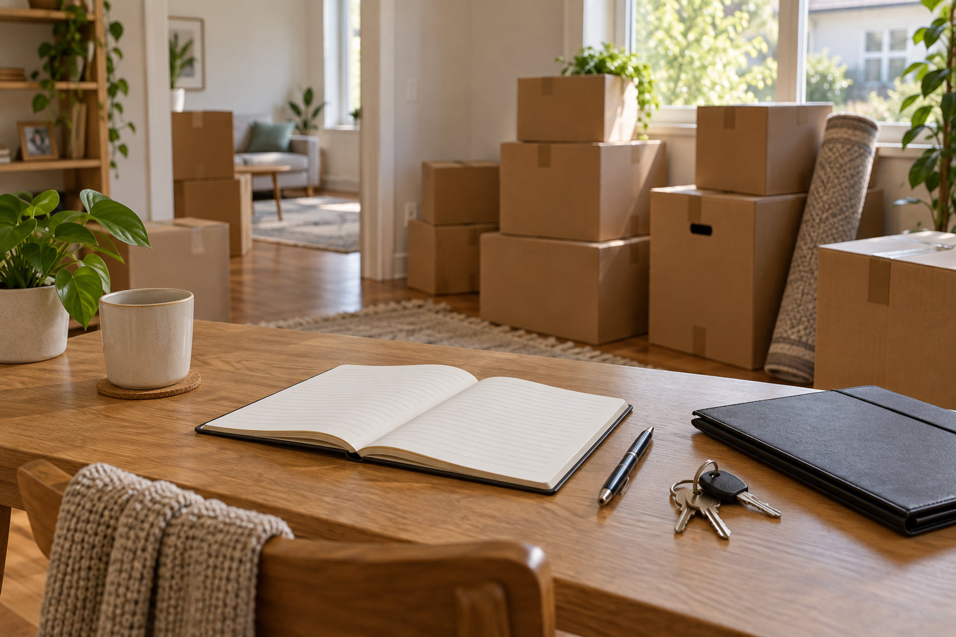 Moving notebook, folder and keys with boxes in the background
