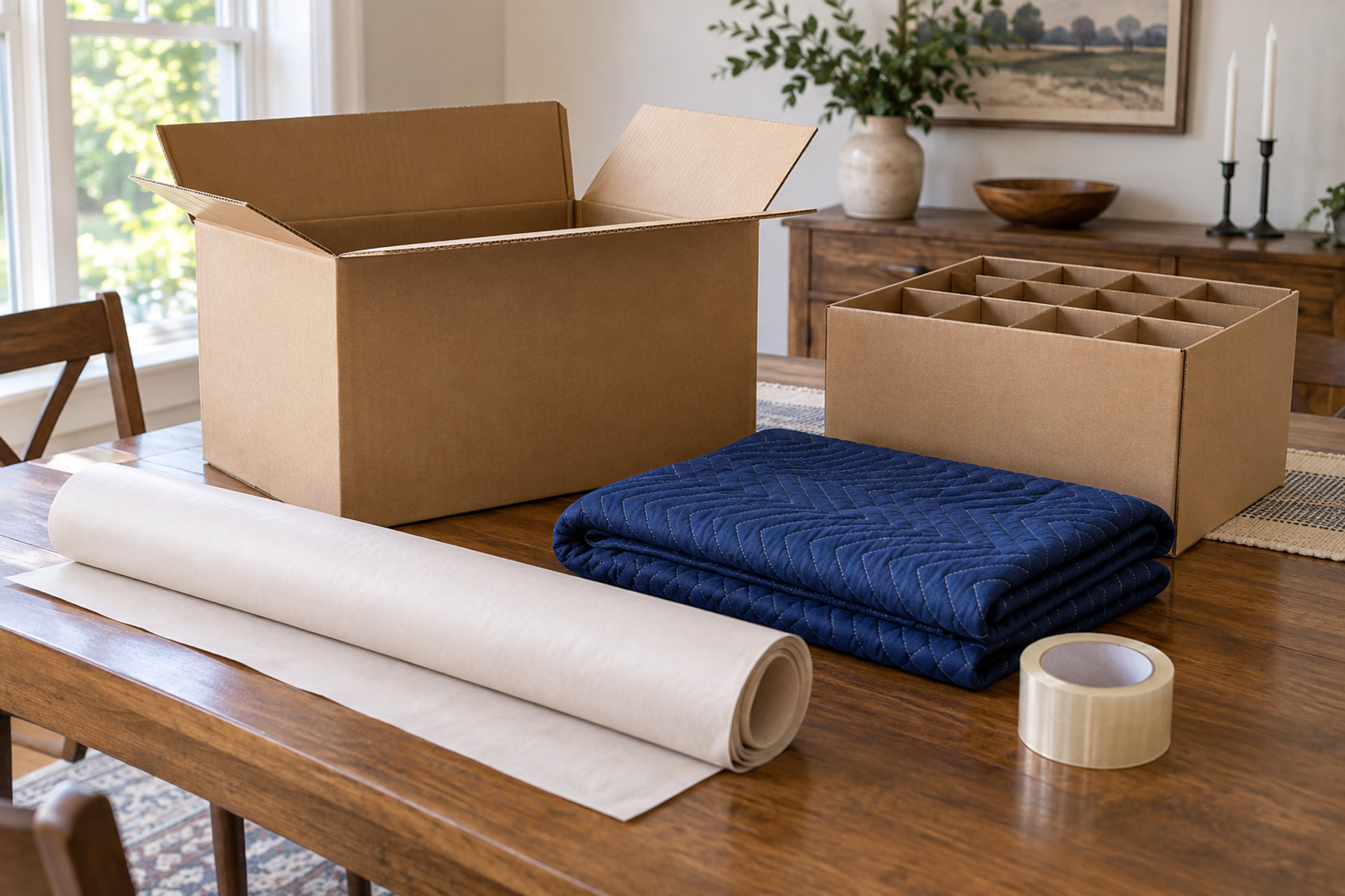 Moving carton, cardboard dividers, packing paper, tape and furniture blanket