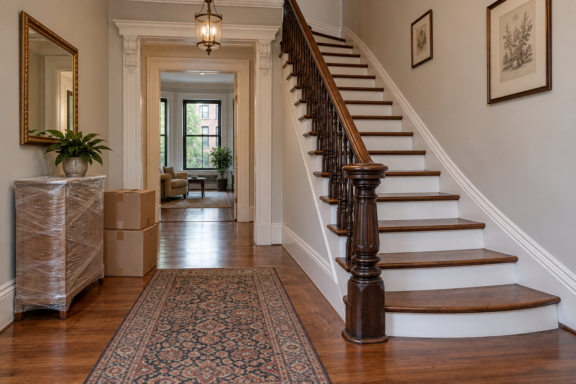Staircase and clear hallway beside furniture prepared for a move