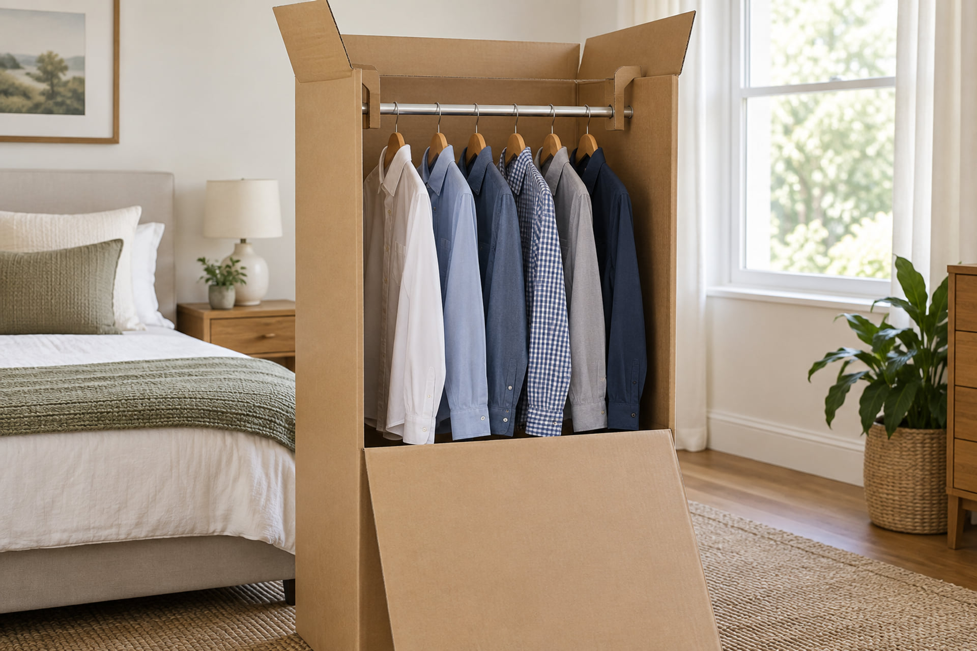 Shirts hanging on the rail inside an open wardrobe moving box